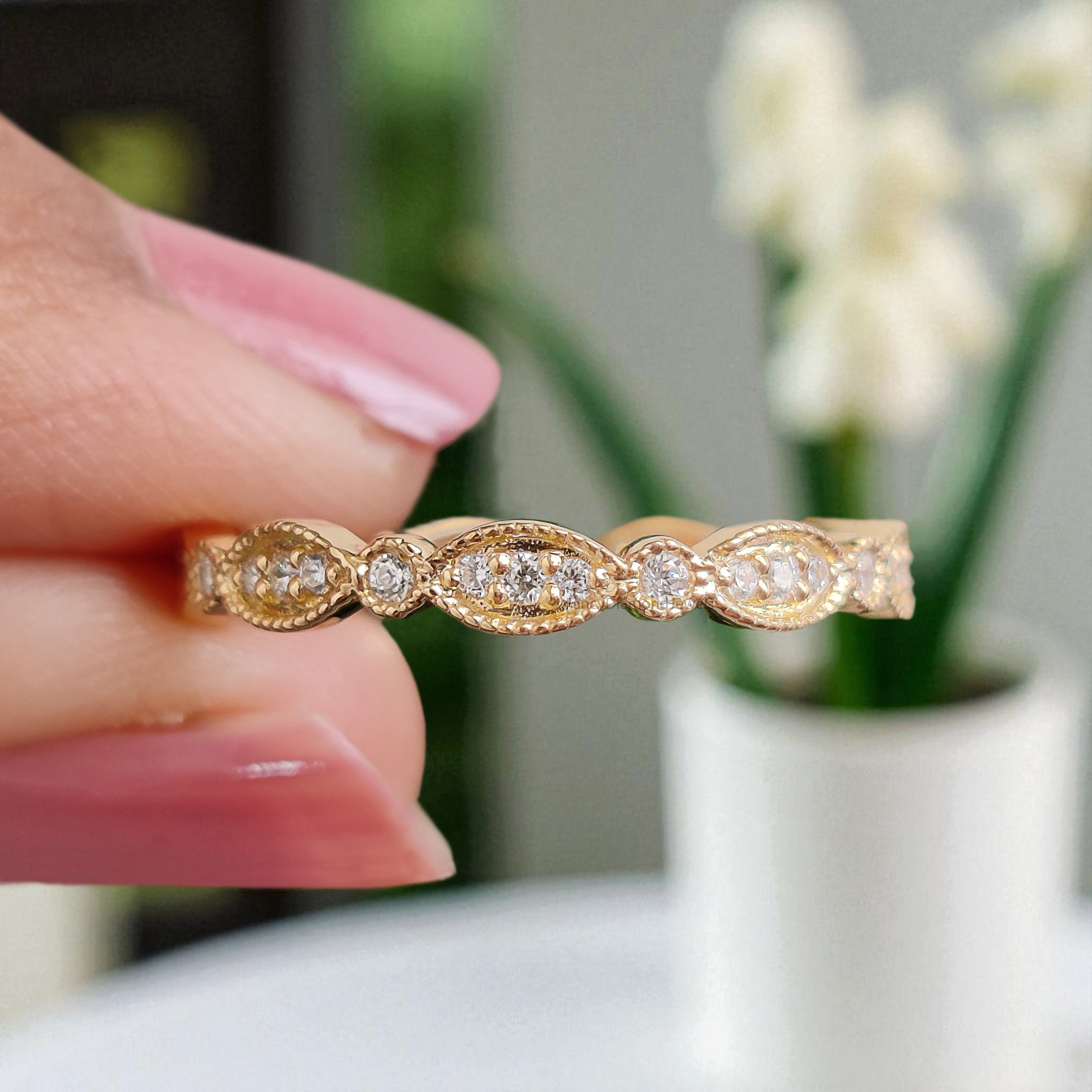 Antique Round Portuguese Cut Royal Blue Moissanite Engagement Ring 6 Prong Hidden Halo Ring With Full Eternity Scalloped Wedding Band FD407