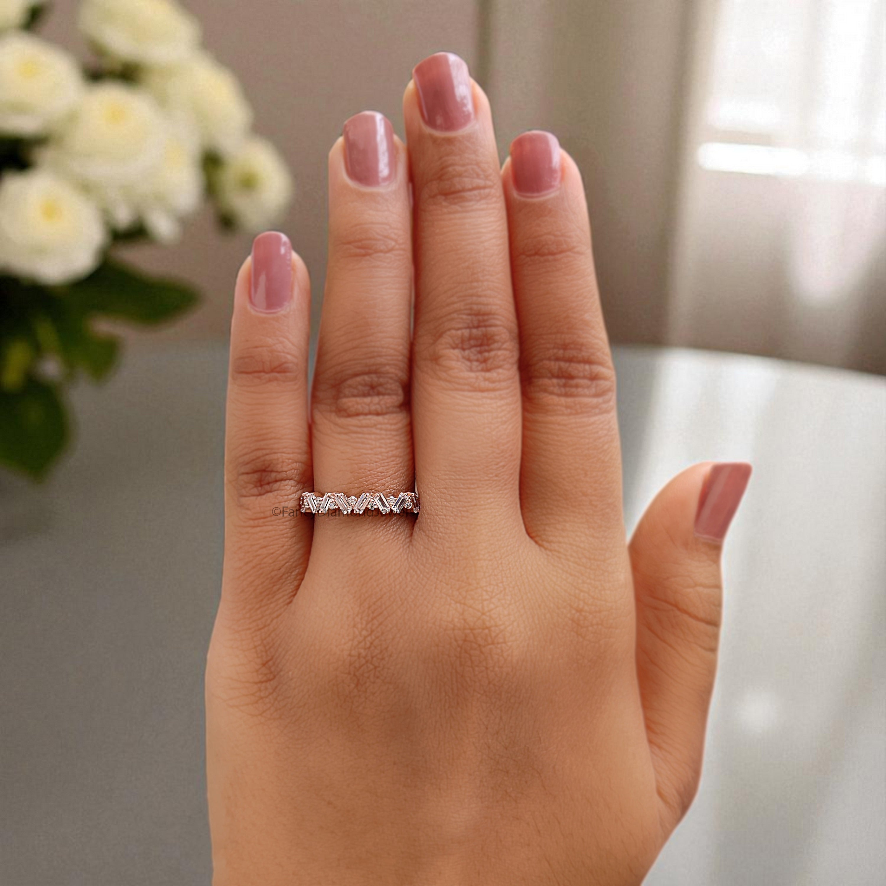 Baguette And Round Diamond Wedding Band Silver/10K/14K/18K Gold Half Eternity Minimalist stacking dainty matching anniversary ring KD892