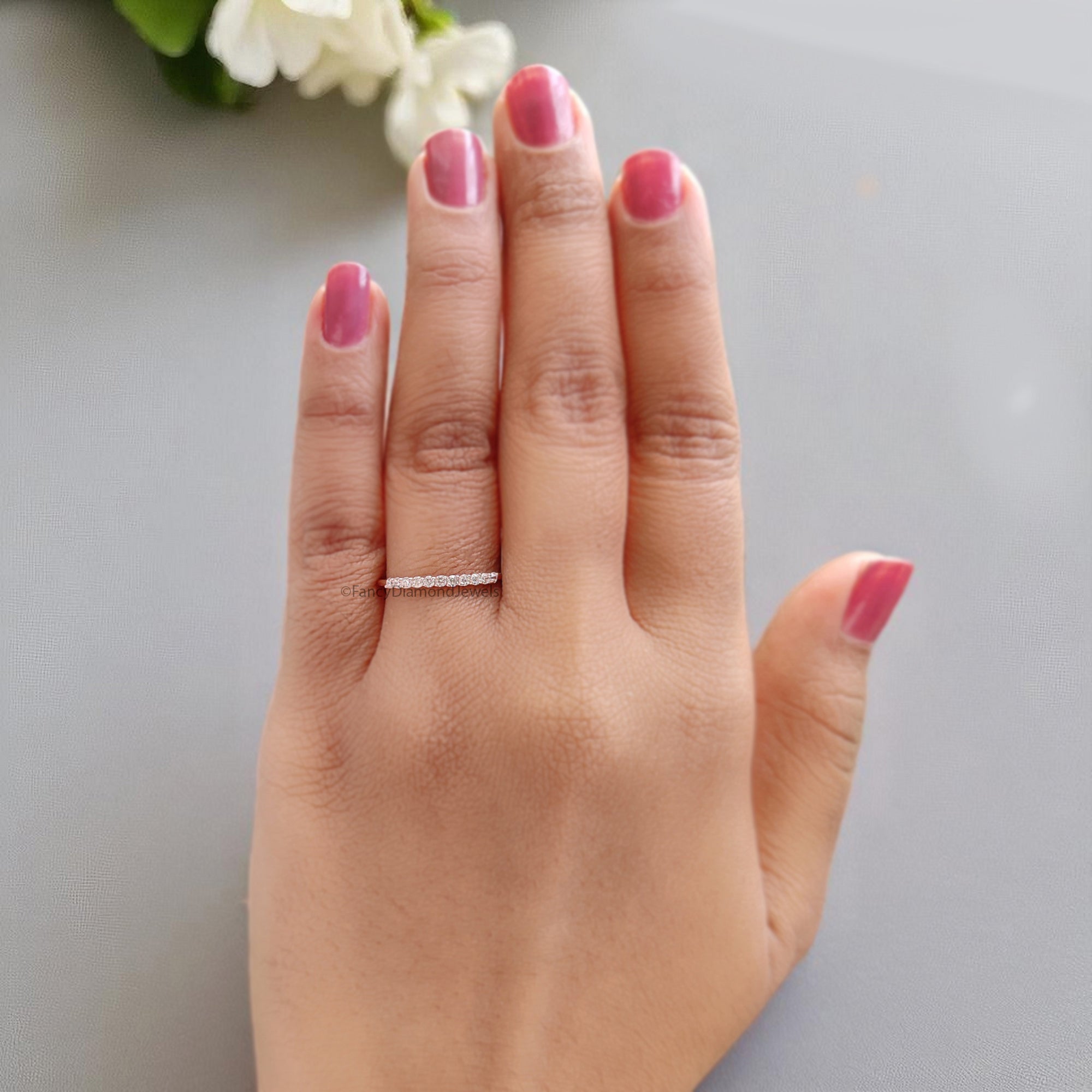 Round Moissanite Diamond Wedding Band Half Eternity Minimalist stacking dainty matching anniversary Ring Silver/10K/14K/18K Gold Band KD899