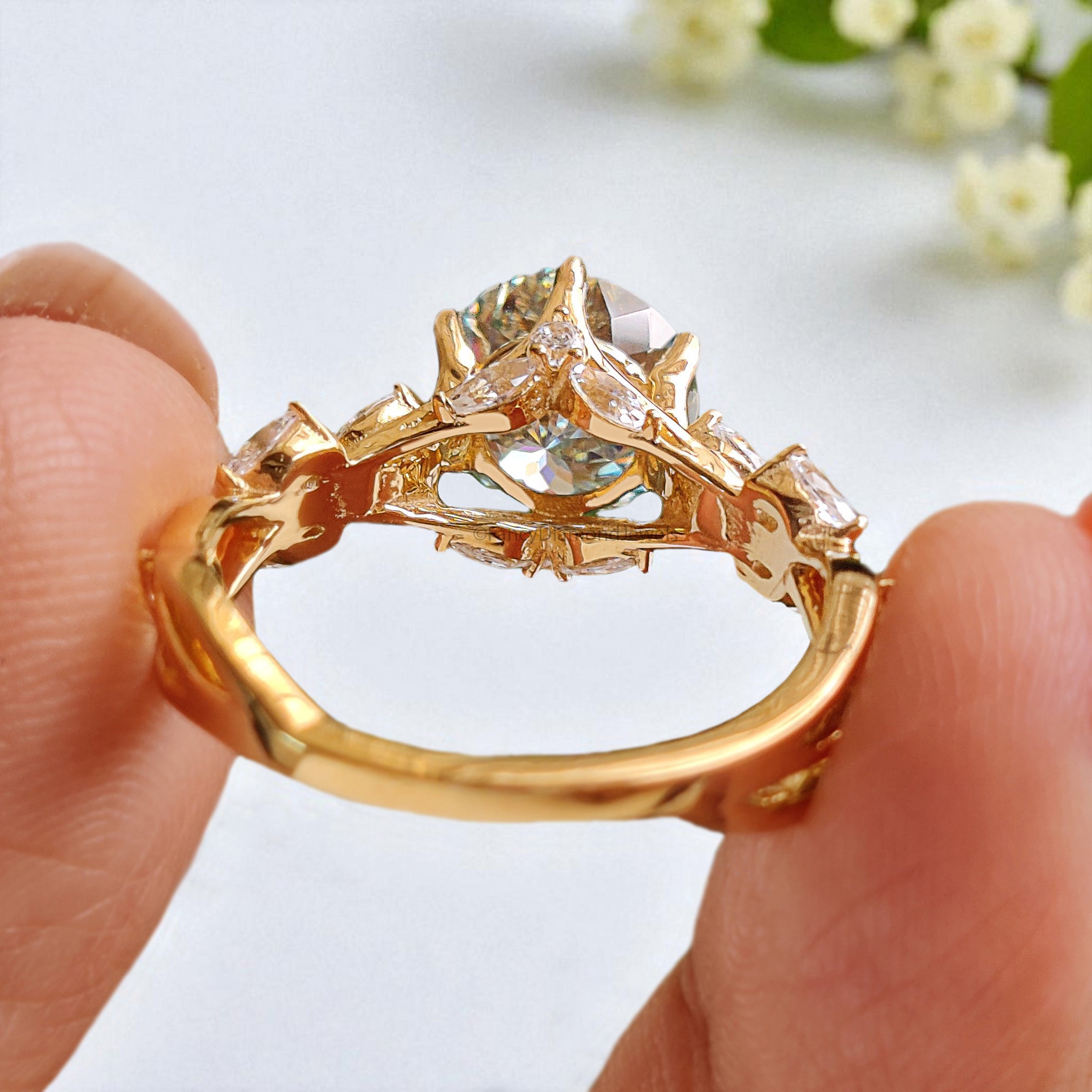 Floral Round Portuguese Cut Moissanite Engagement Ring Yellow Gold Ring Vintage Ring Anniversary Ring Nature Inspire Ring Wedding Ring FD408