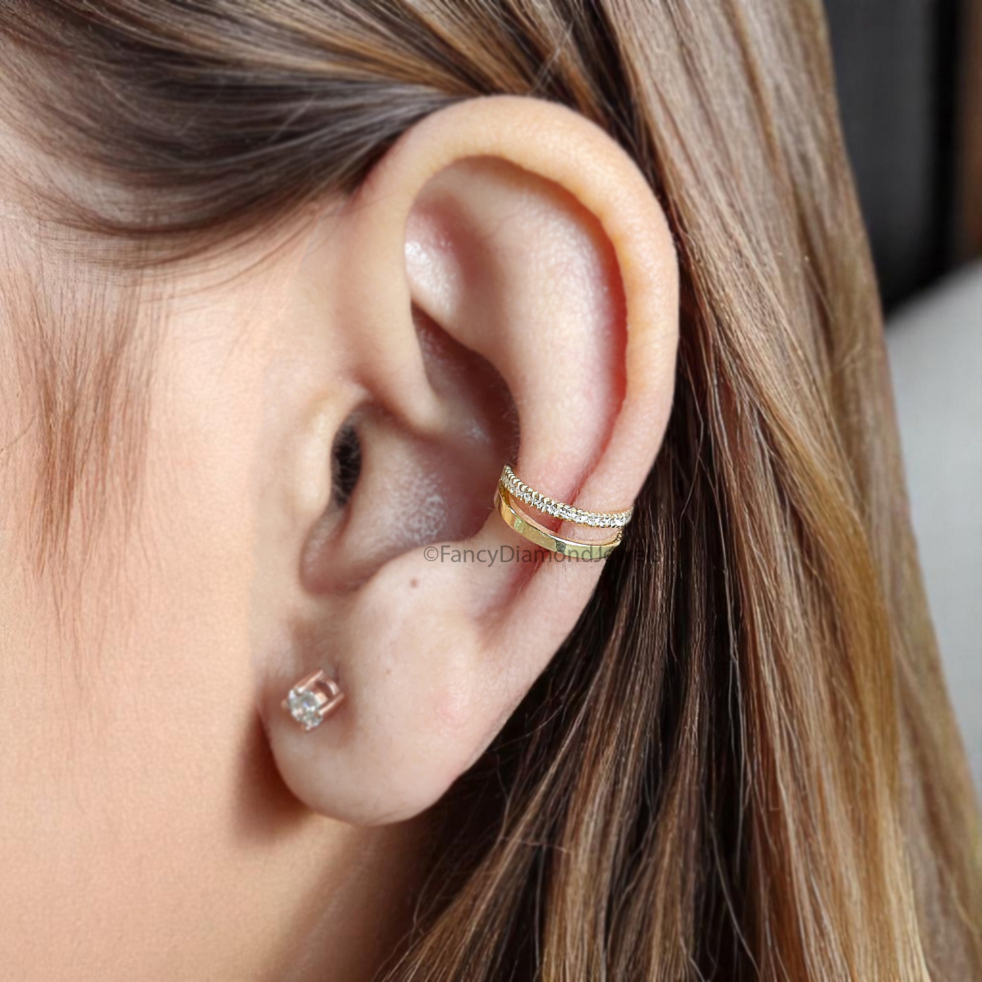 Round Brilliant Cut Colorless Moissanite Diamond Ear Cuff Double Band Ear Cuff Dainty Ear Cuff Yellow Gold Ear Wrap FD347