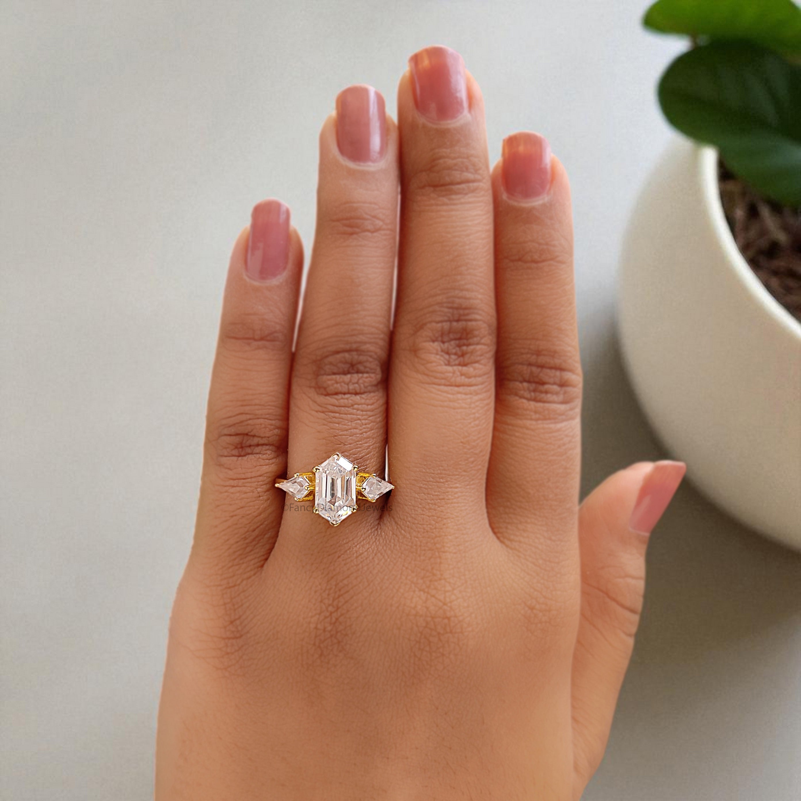 4.55 CT Hexagon Cut Simulated Diamond Engagement Ring 3 Stone Ring Yellow Gold Ring Anniversary Ring Simulant ring Gift For Her FD395