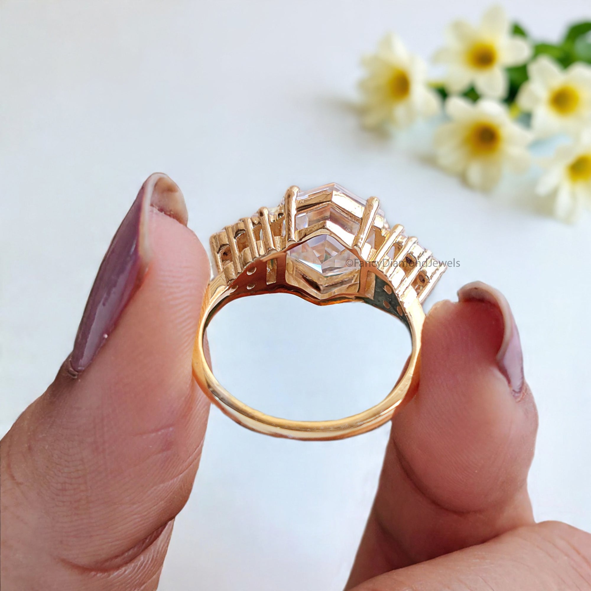 3.00 CT Antique Hexagon Moissanite Engagement Ring Baguette And Round Ring Ring For Gifting Wedding Ring Anniversary Gift Ring Her FD170