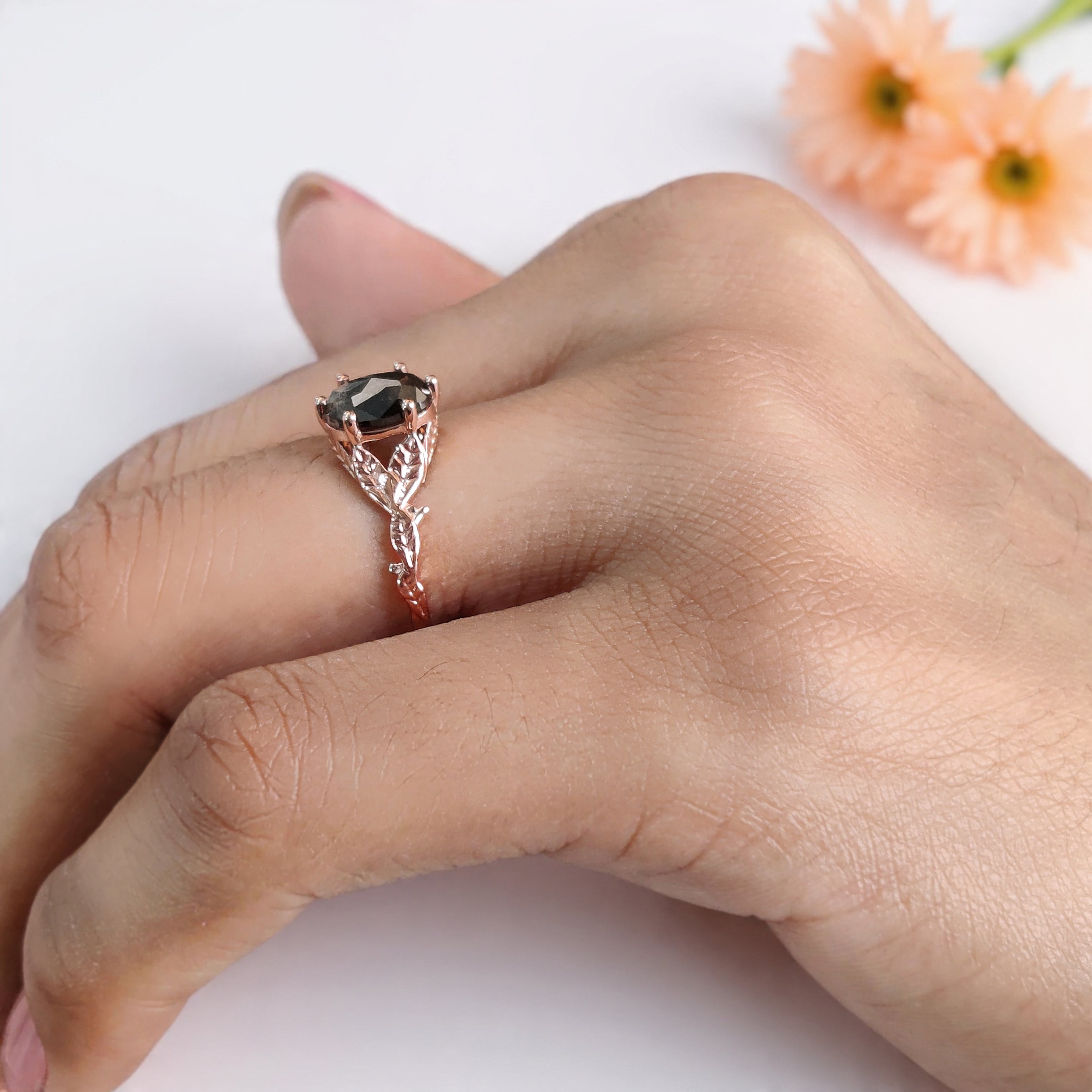 Oval Salt and Pepper Diamond Engagement Ring, 14K Rose Gold Oval Diamond Ring, Rustic Leaf Band, Unique Bridal Ring, Gift for Her KDN1313