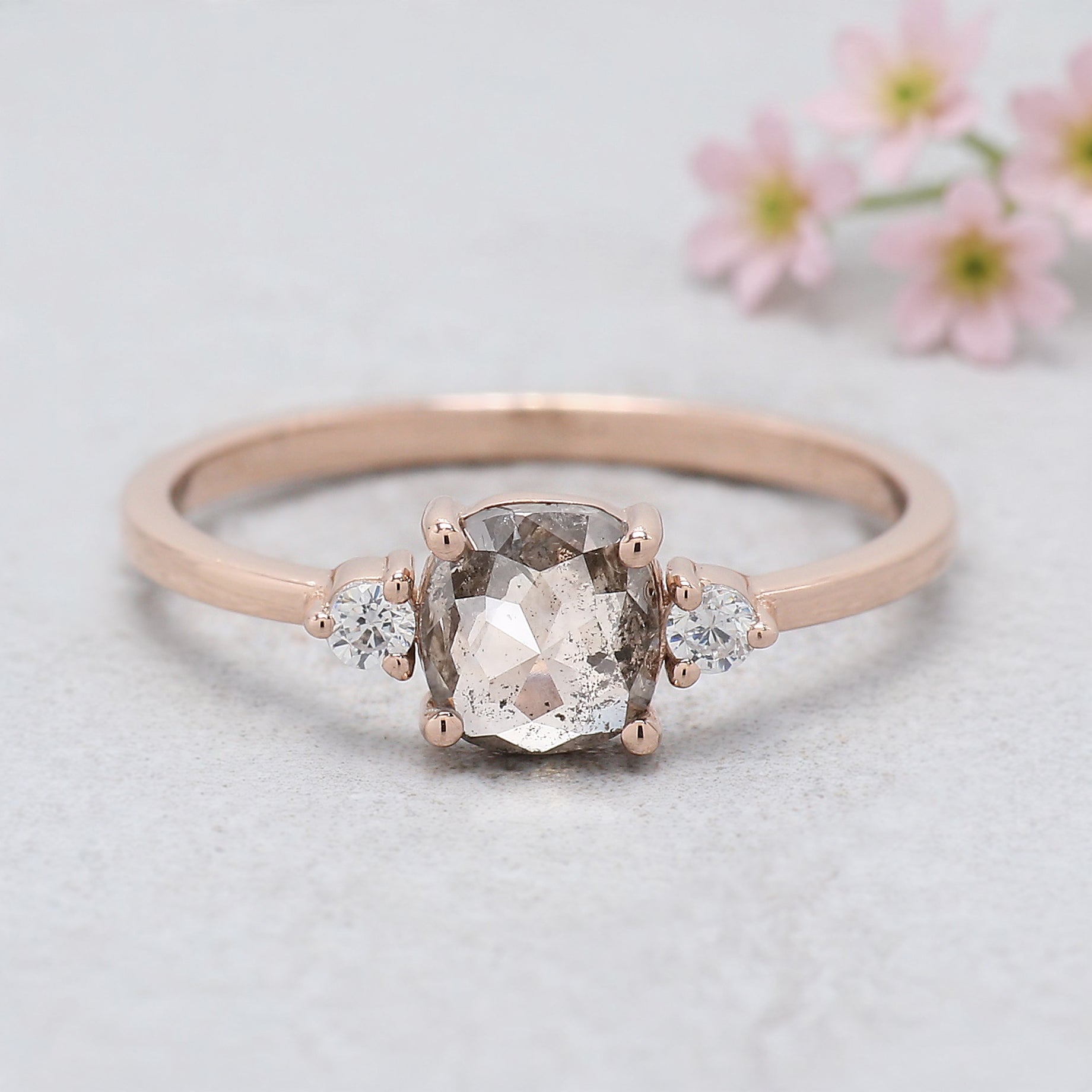 Cushion Cut Salt and Pepper Diamond Ring Natural Diamond Engagement Ring 14K Rose Gold Silver Rustic Unique Bridal Ring Gift for Her KDL533