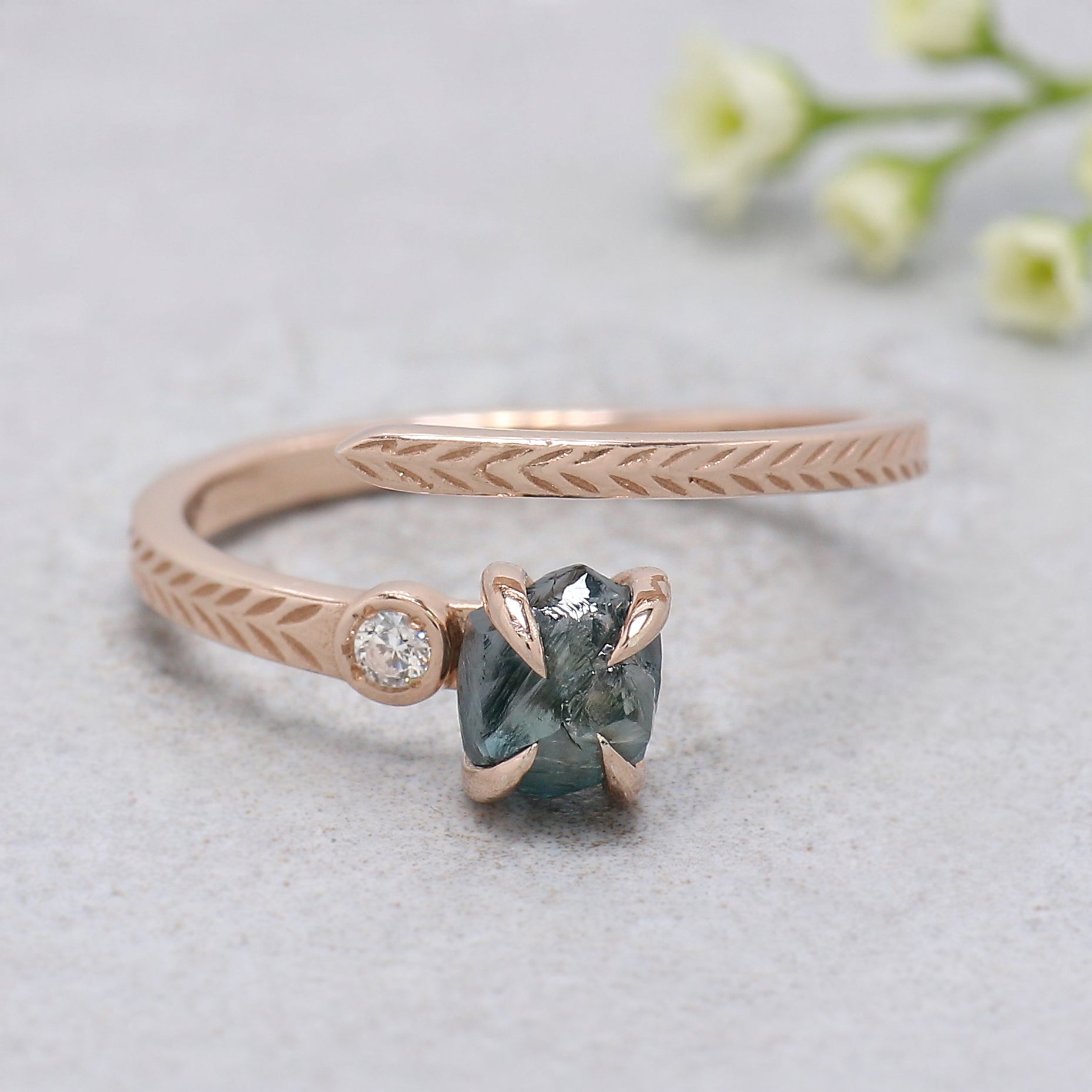 0.97 Ct Natural Rough Cut Blue Color Diamond Ring 5.63 MM Crystal Rough Diamond Ring 14K Solid Rose Gold Silver Engagement Ring KDL2347