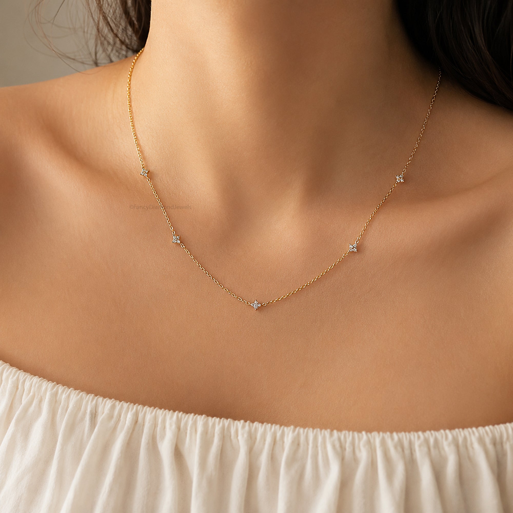 18K Gold Attached Diamond Station Necklace | Four Leaf Clover Star Necklace | Dainty or Large Diamond Chain | Everyday Fine Jewelry FD569
