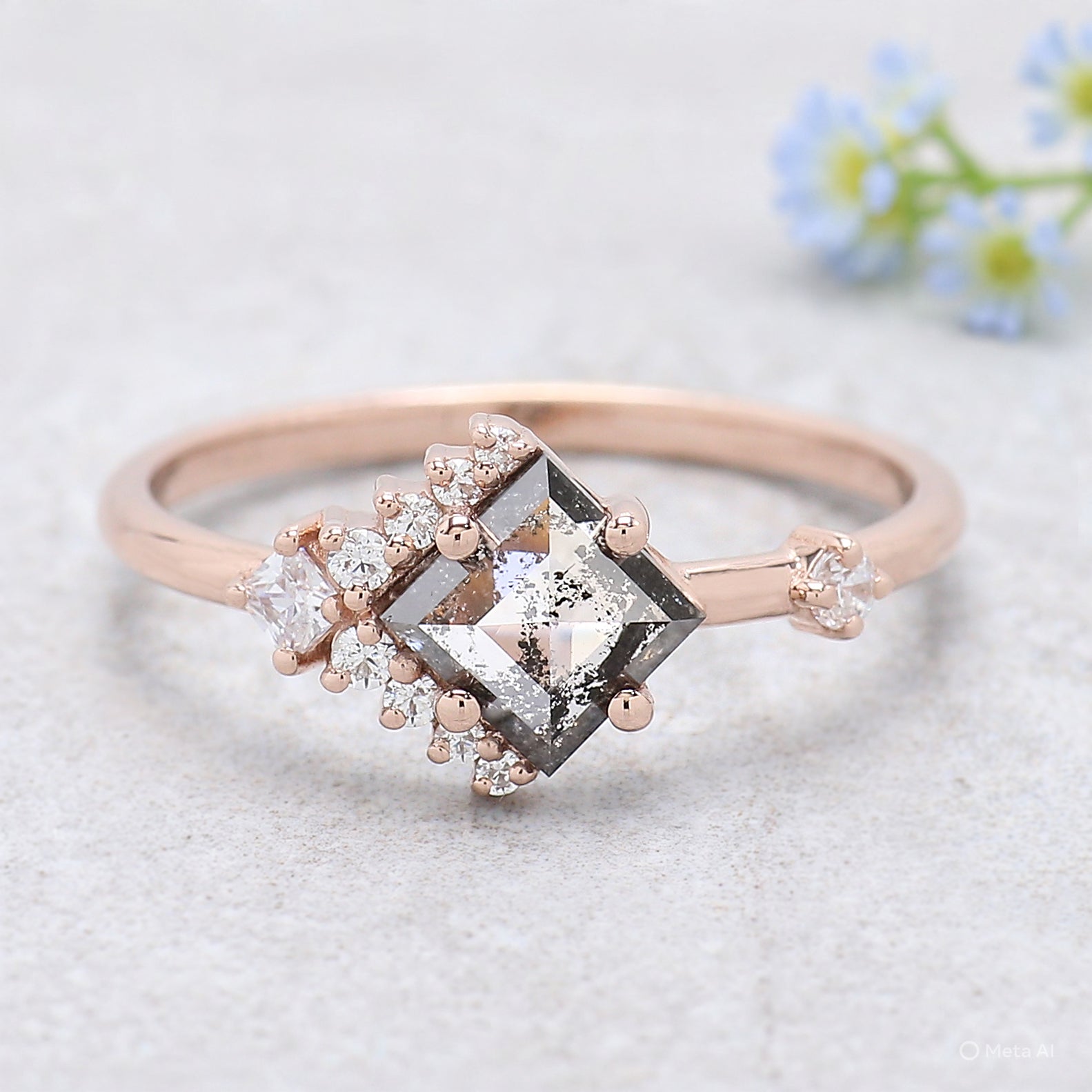 Kite Cut Salt And Pepper Diamond Ring 0.70 Ct 7.10 MM Kite Shape Diamond Ring 14K Solid Rose Gold Silver Engagement Ring Gift For Her KDN930