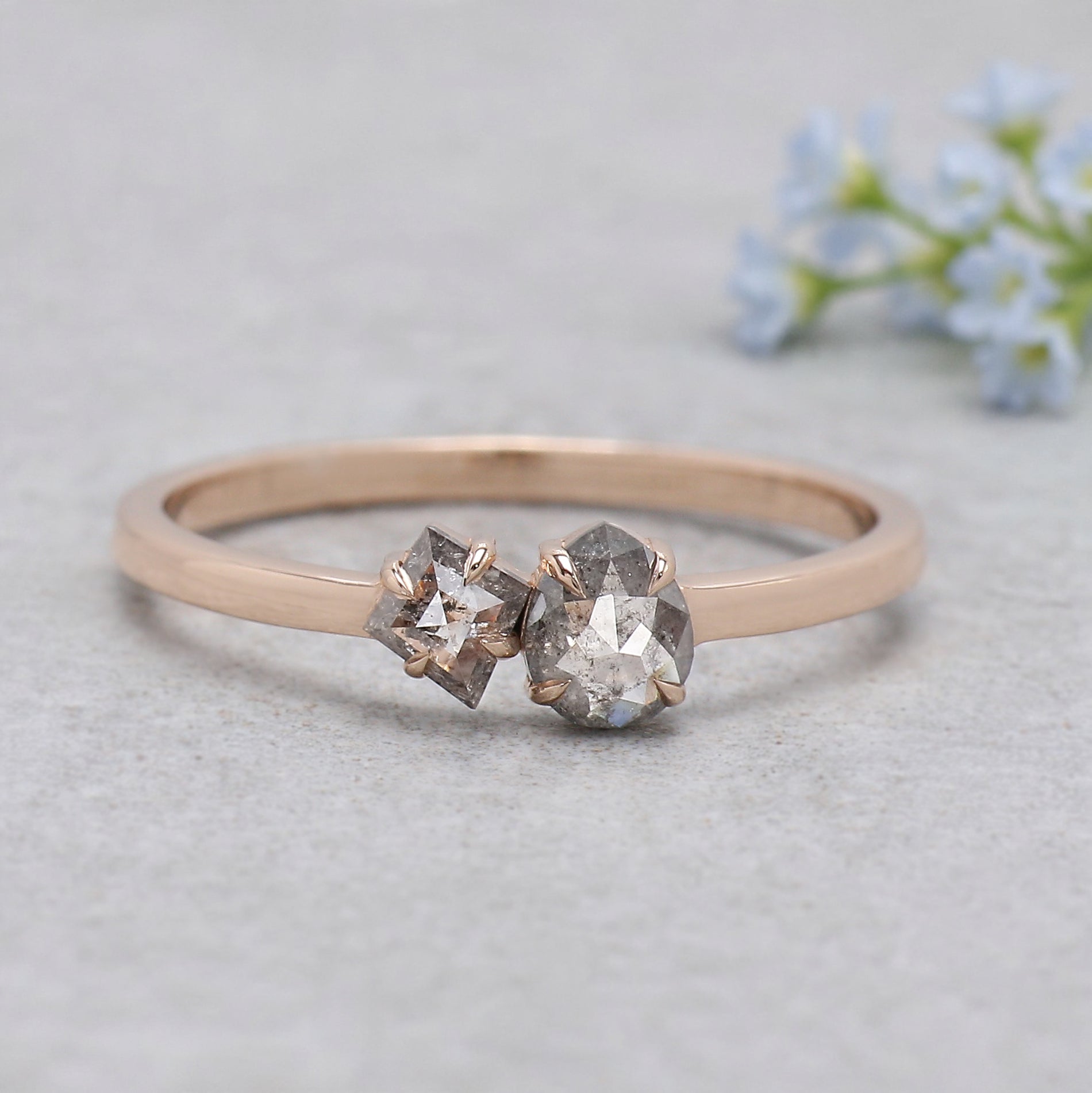 Toi Et Moi Salt And Pepper Diamond Ring 0.32 Ct 4.76 MM Mix Shape Diamond Ring 14K Rose Gold Silver Engagement Ring Gift For Her KDN2397