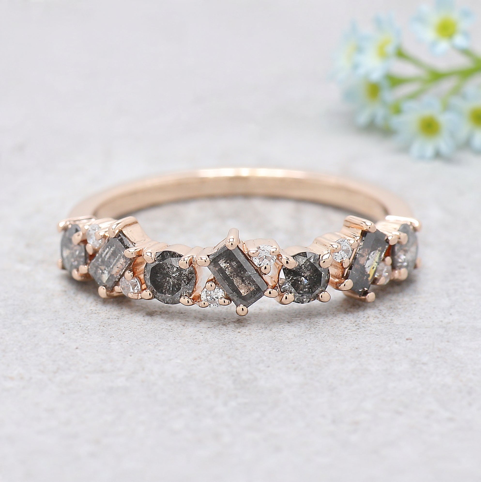 Round & Baguette Salt and Pepper Diamond Band, Half Eternity Wedding Ring in Solid Gold or Silver, Unique Anniversary Gift for Her FD549