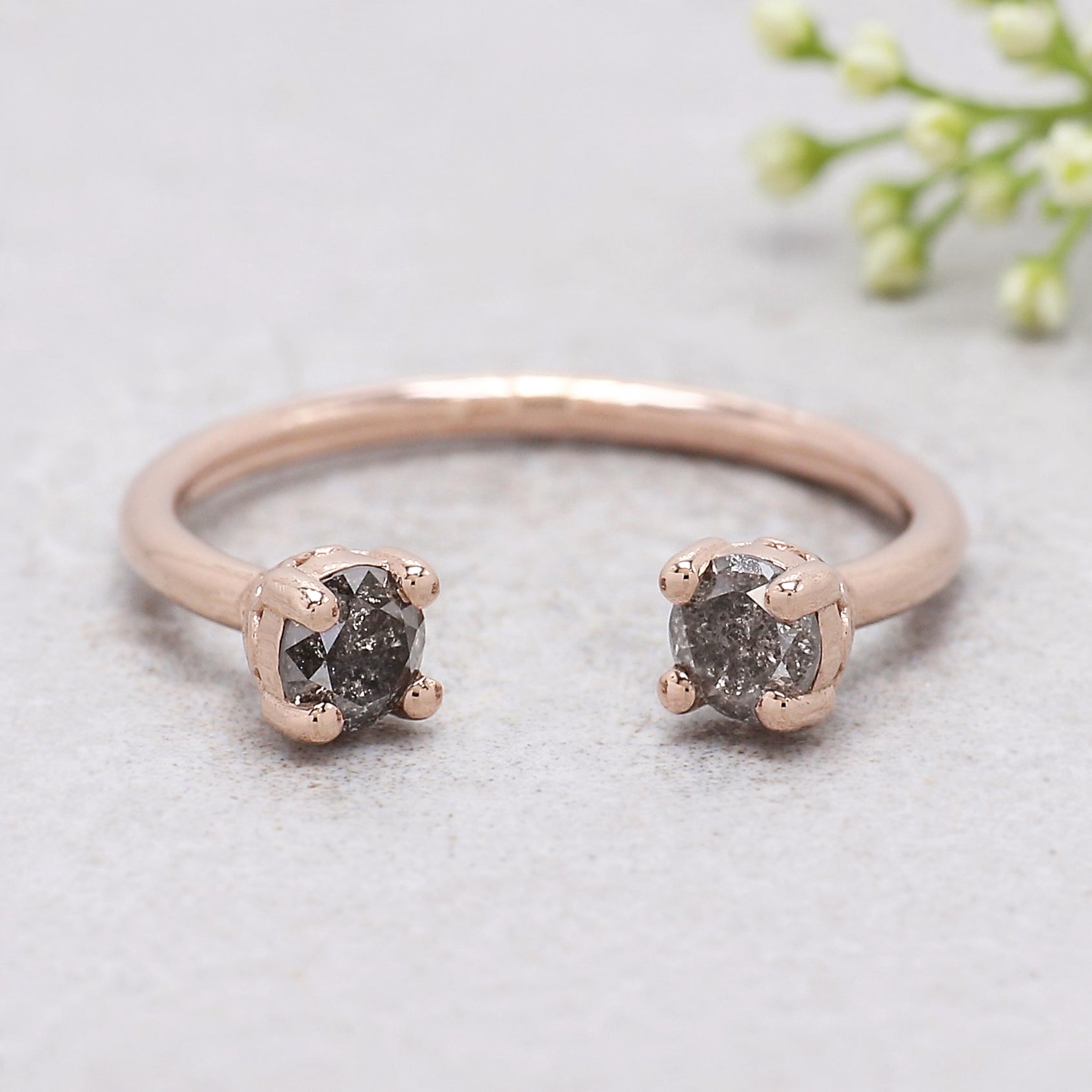 0.40 Ct Natural Round Salt And Pepper Diamond Ring 3.70 MM Open Gap Round Diamond Ring 14K Solid Rose Gold Silver Engagement Ring KDL1062