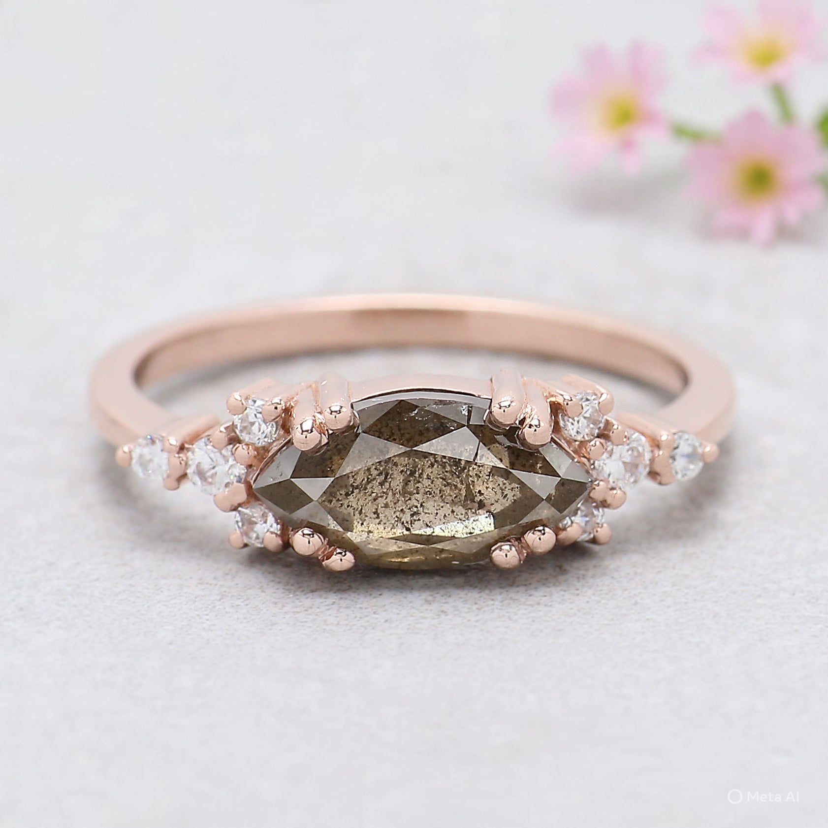 Marquise Cut Light Brown Diamond Ring 1.35 Ct 9.95 MM Marquise Shape Diamond Ring 14K Rose Gold Silver Engagement Ring Gift For Her KDL1650