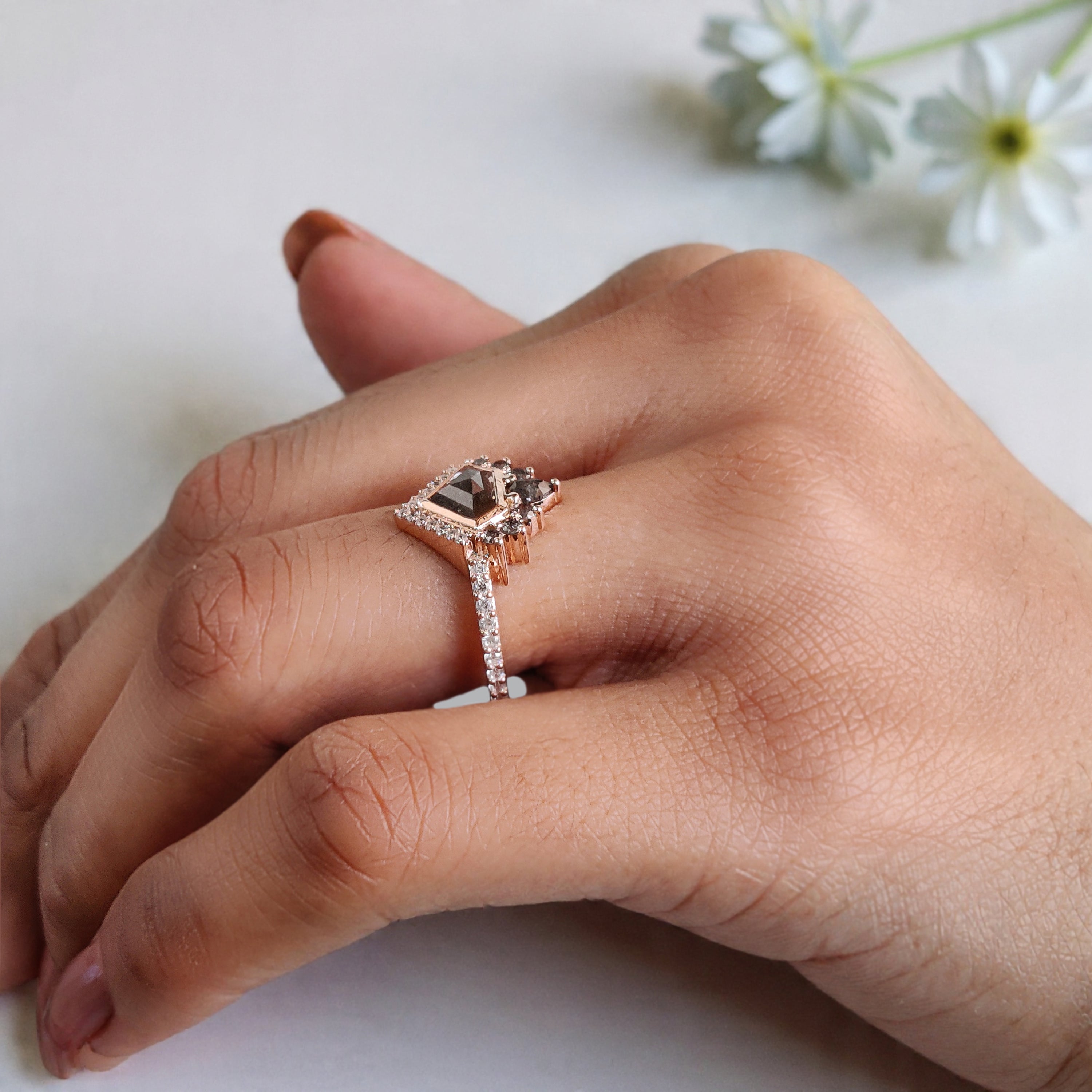 0.90 Ct Natural Shield Shape Salt And Pepper Diamond Ring 5.55 MM Shield Cut Diamond Ring 14K Solid Rose Gold Silver Engagement Ring KDN767