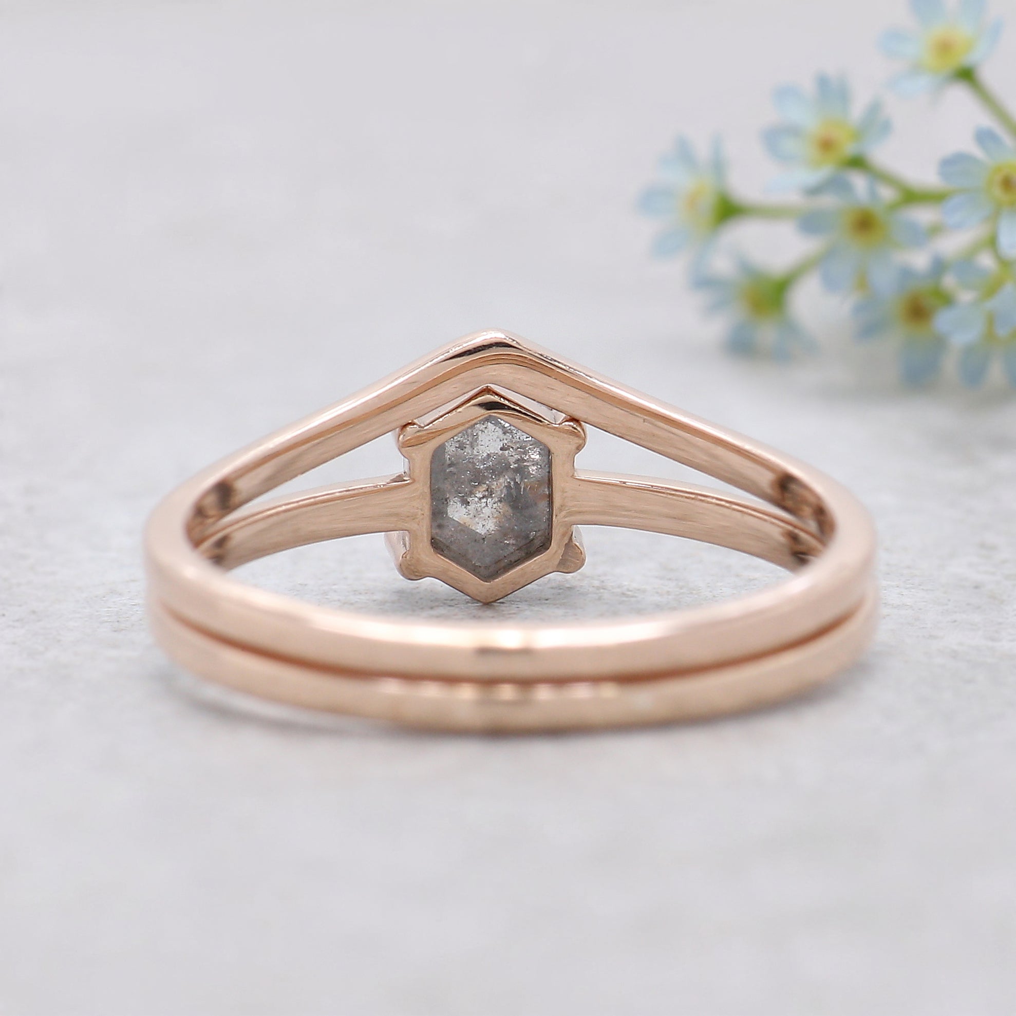 0.74 Ct Natural Hexagon Salt And Pepper Diamond Ring 6.05 MM Hexagon Cut Diamond Ring 14K Solid Rose Gold Silver Engagement Ring Set KDN585