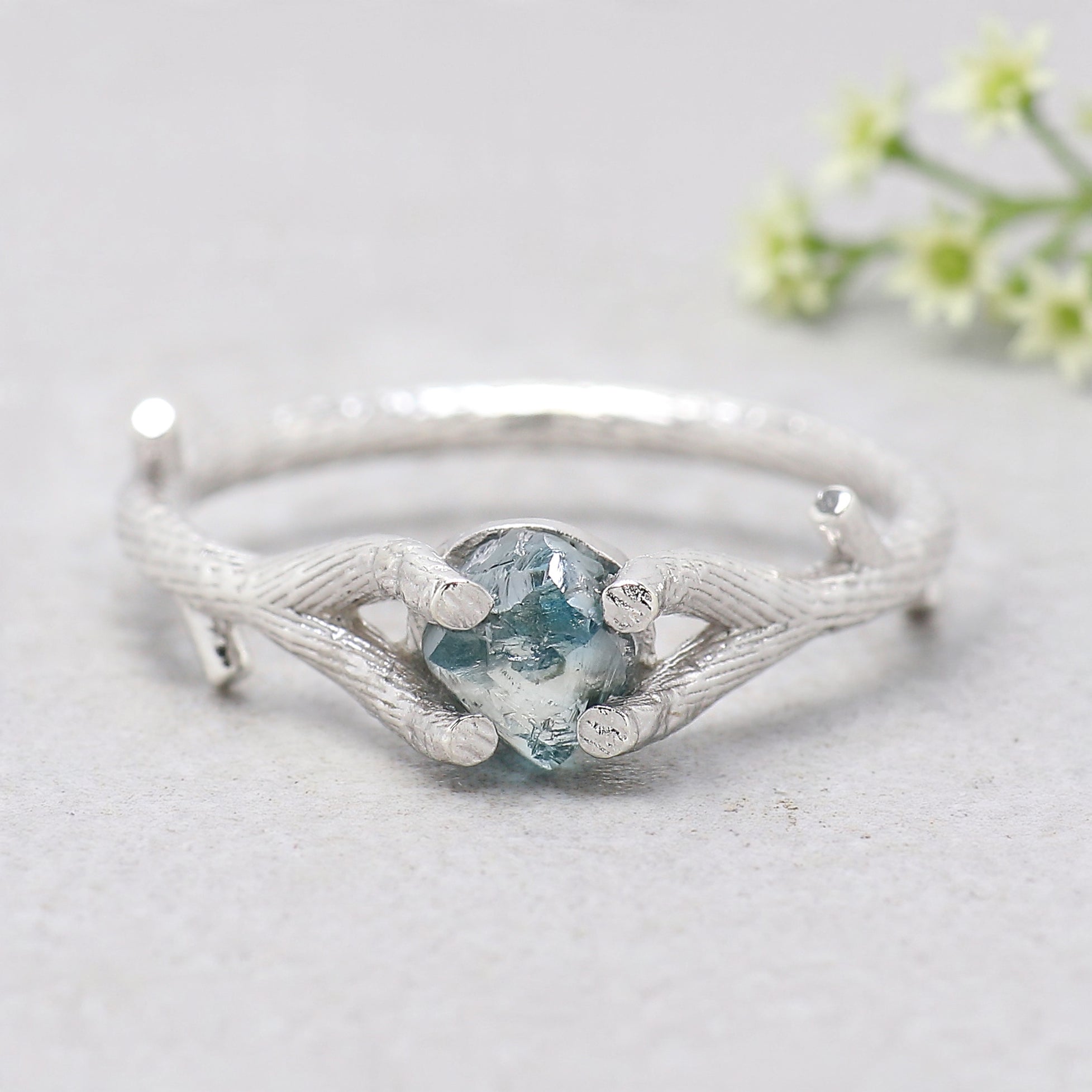 Rough Blue Color Diamond Ring 0.94 Ct 5.73 MM Crystal Rough Diamond Ring 14K Solid White Gold Silver Engagement Ring Gift For Her QL2360