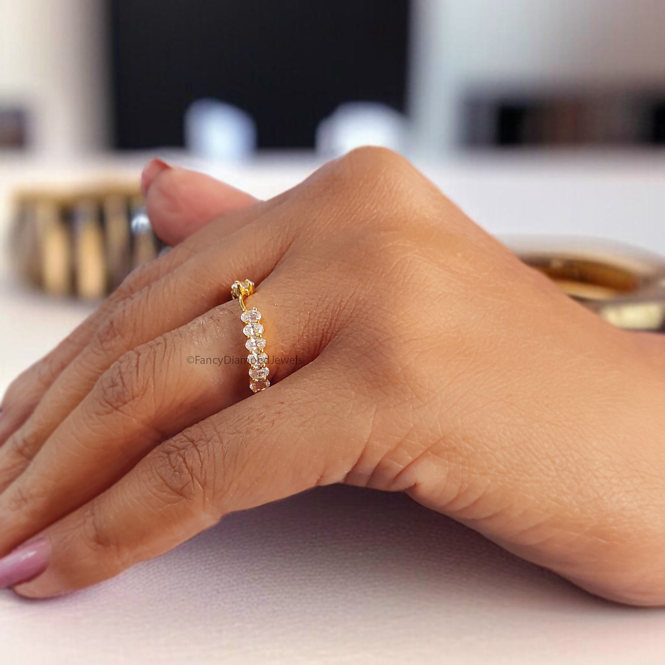 Oval Cut Diamond Wedding Band Yellow Gold Unique Half Eternity Wedding Band Vintage Notched Stacking Matching Bridal Gift For Her FD526