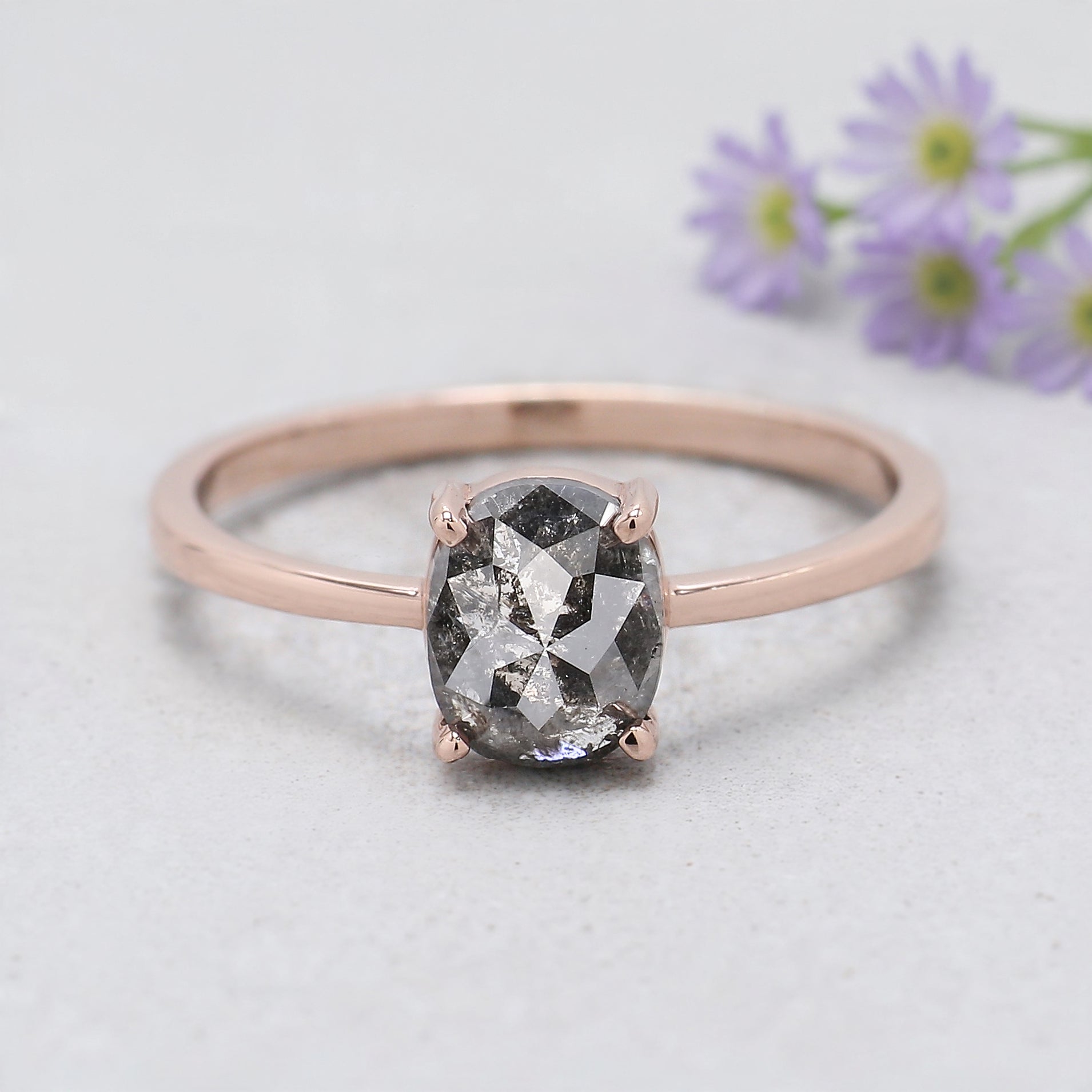 Oval Cut Salt And Pepper Diamond Ring 1.04 Ct 6.84 MM Oval Diamond Ring 14K Solid Rose Gold Silver Oval Engagement Ring Gift For Her KDL2015