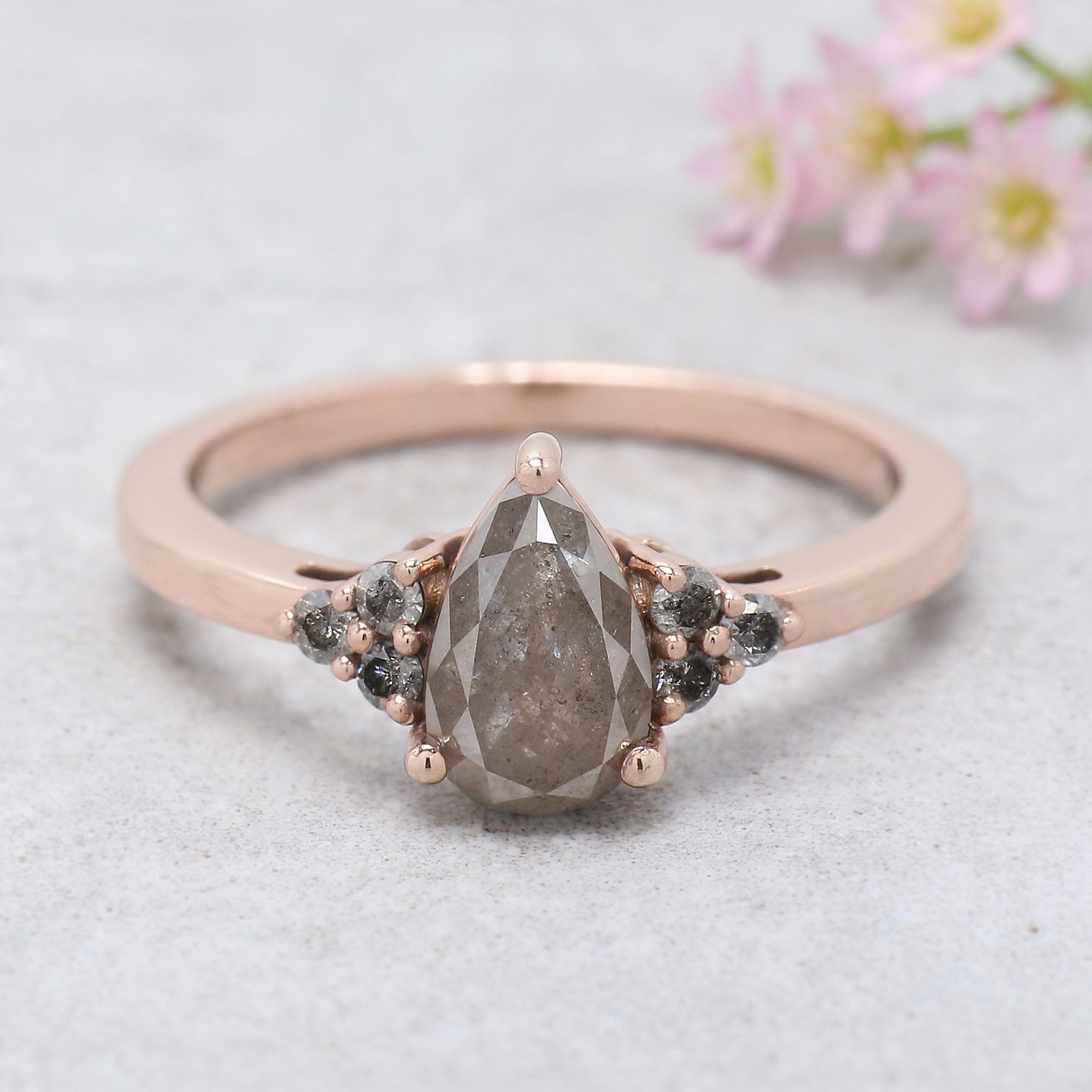 Pear Cut Gray Color Diamond Ring 1.30 Ct 8.43 MM Pear Diamond Ring 14K Solid Rose Gold Silver Pear Engagement Ring Gift For Her KDK2706