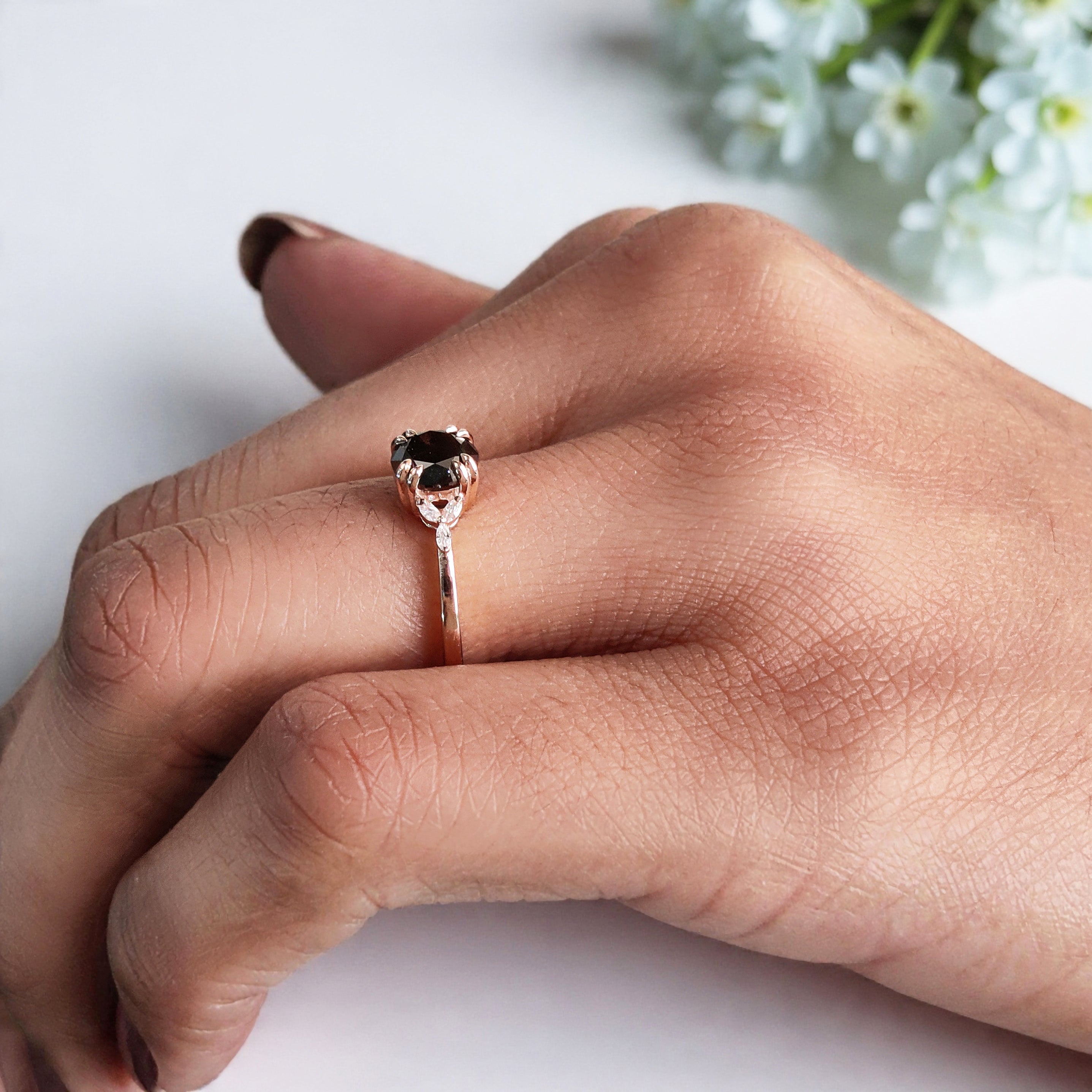 0.90 Ct Natural Round Shape Black Color Diamond Ring 6.05 MM Round Cut Diamond Ring 14K Solid Rose Gold Silver Round Engagement Ring KDL507