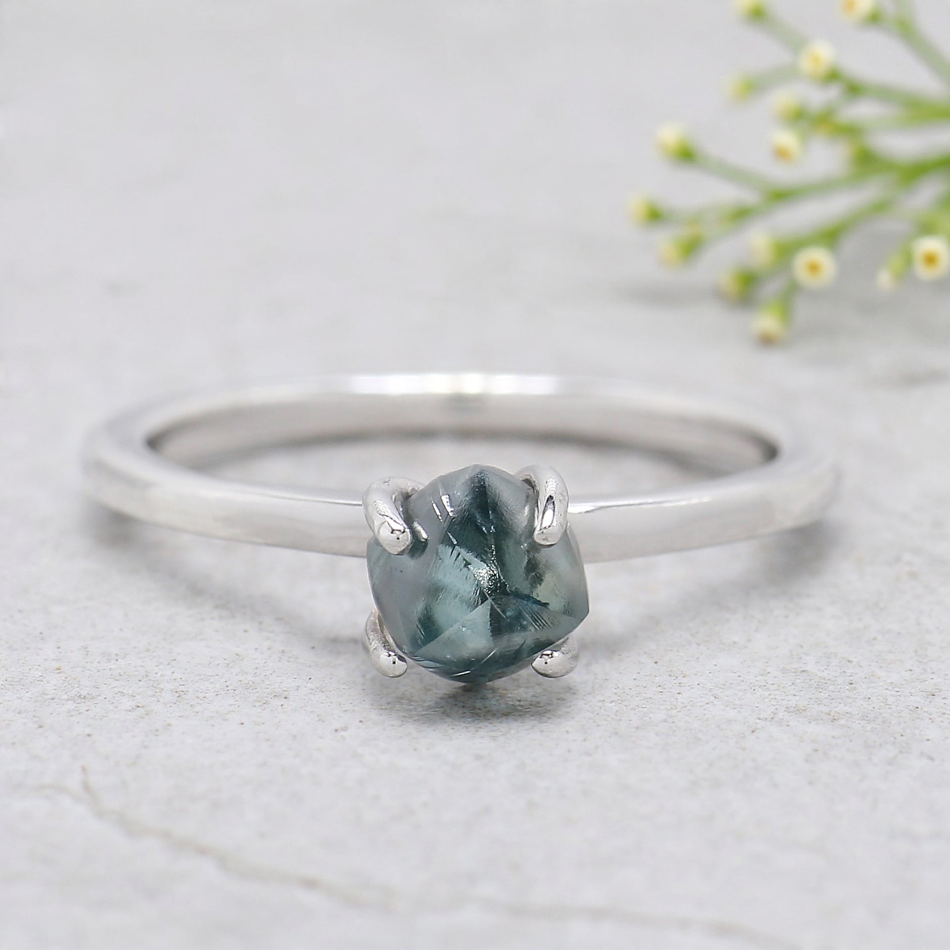 Rough Cut Blue Color Diamond Ring 1.35 Ct 6.40 MM Crystal Rough Diamond Ring 14K Solid White Gold Silver Engagement Ring Gift For Her QL2350