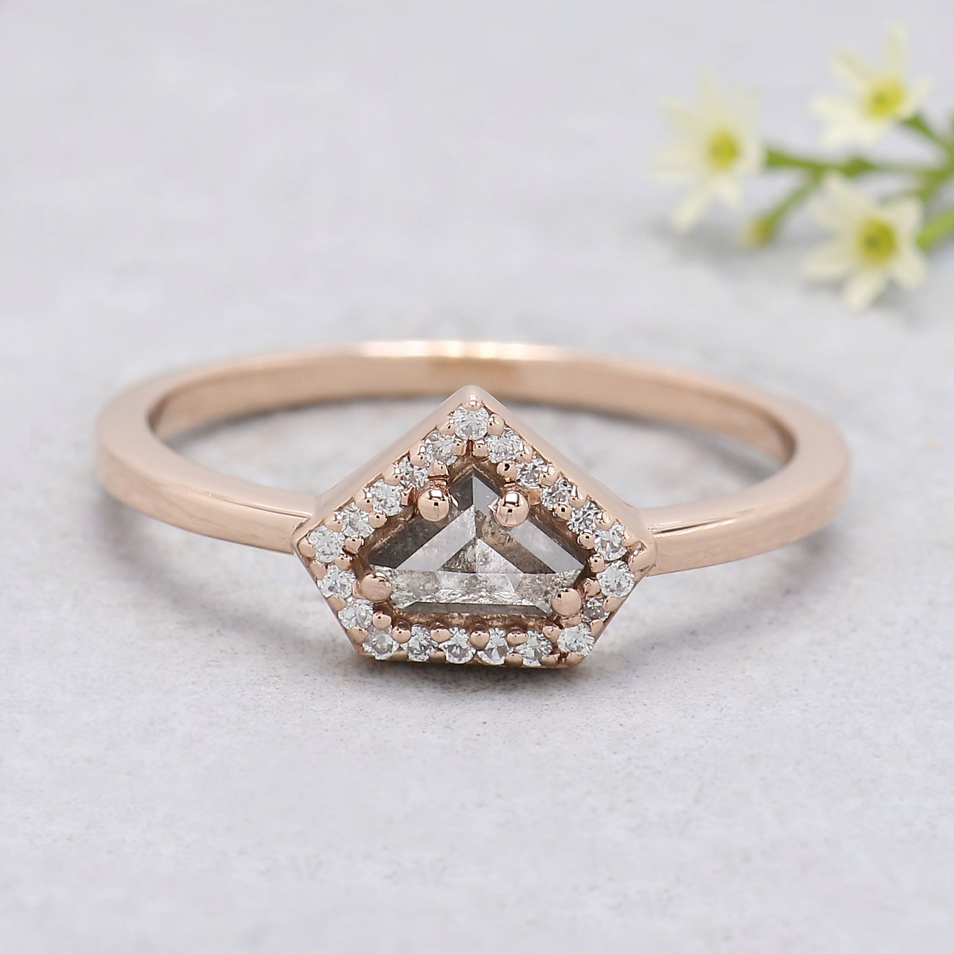 Shield salt and pepper Diamond Ring, Salt and pepper Shield Diamond Engagement Ring, Shield Diamond Ring, Halo Ring, Shield Ring, KD1122