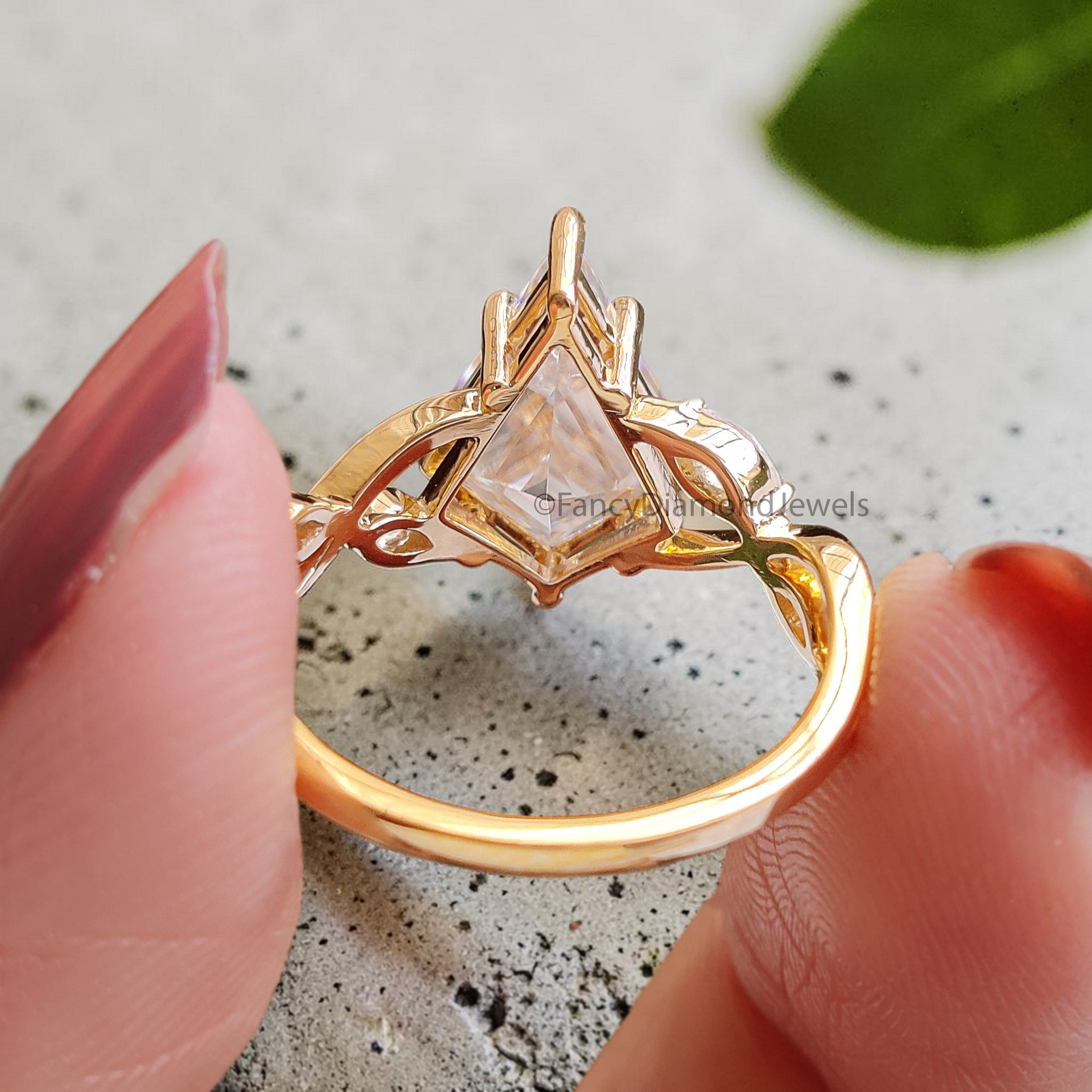 Kite Moissanite Engagement Ring, 14K Yellow Gold Ring, Marquise Cluster Side Stones, Vintage Inspired Bridal Ring, Unique Wedding Ring FD550