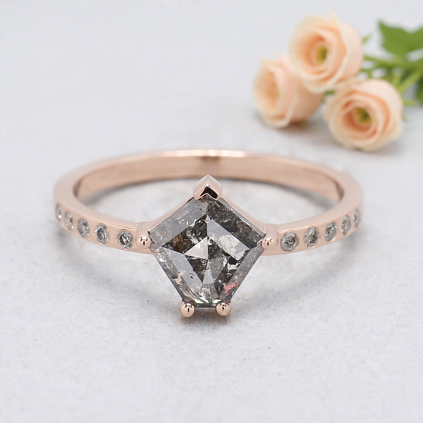 Pentagon Salt and Pepper Diamond Engagement Ring, 14K Rose Gold Ring, Unique Geometric Diamond Ring, Minimalist Fine Jewelry Gift KDL601