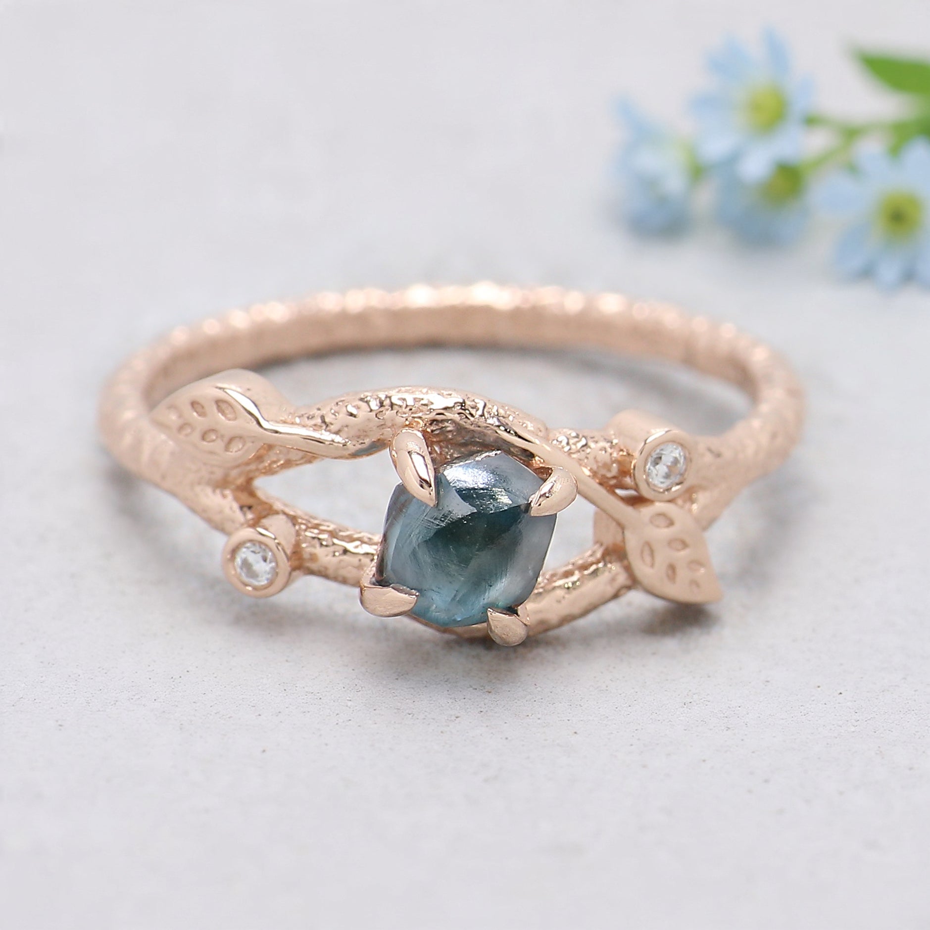 Rough Blue Color Diamond Ring 0.81 Ct 5.45 MM Crystal Rough Diamond Ring 14K Solid Rose Gold Silver Engagement Ring Gift For Her QL2228