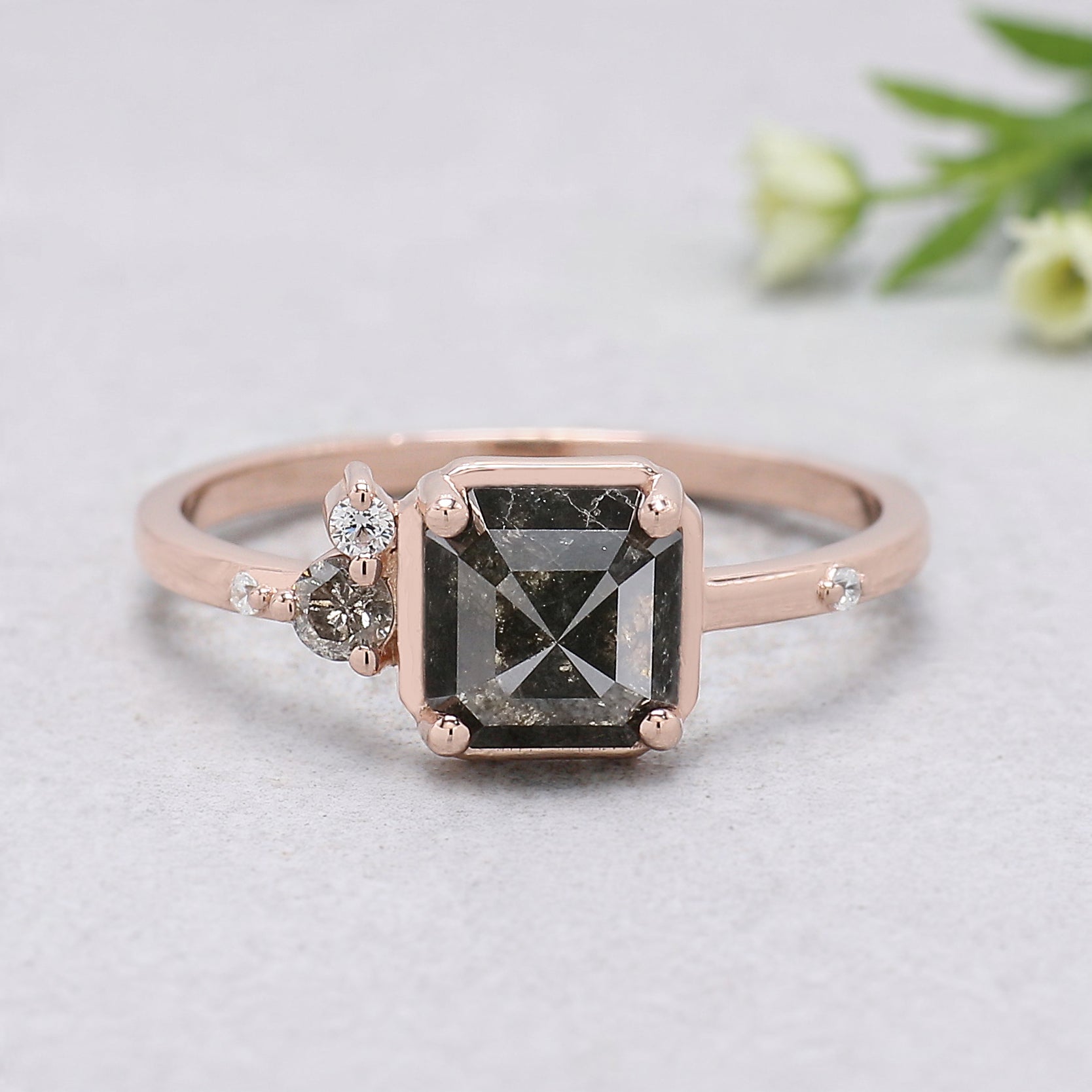 Emerald Shape Salt and Pepper Diamond Ring, Rose Gold Engagement Ring, Unique Bridal Ring, Minimalist Promise Ring Gift for Her KDK1942