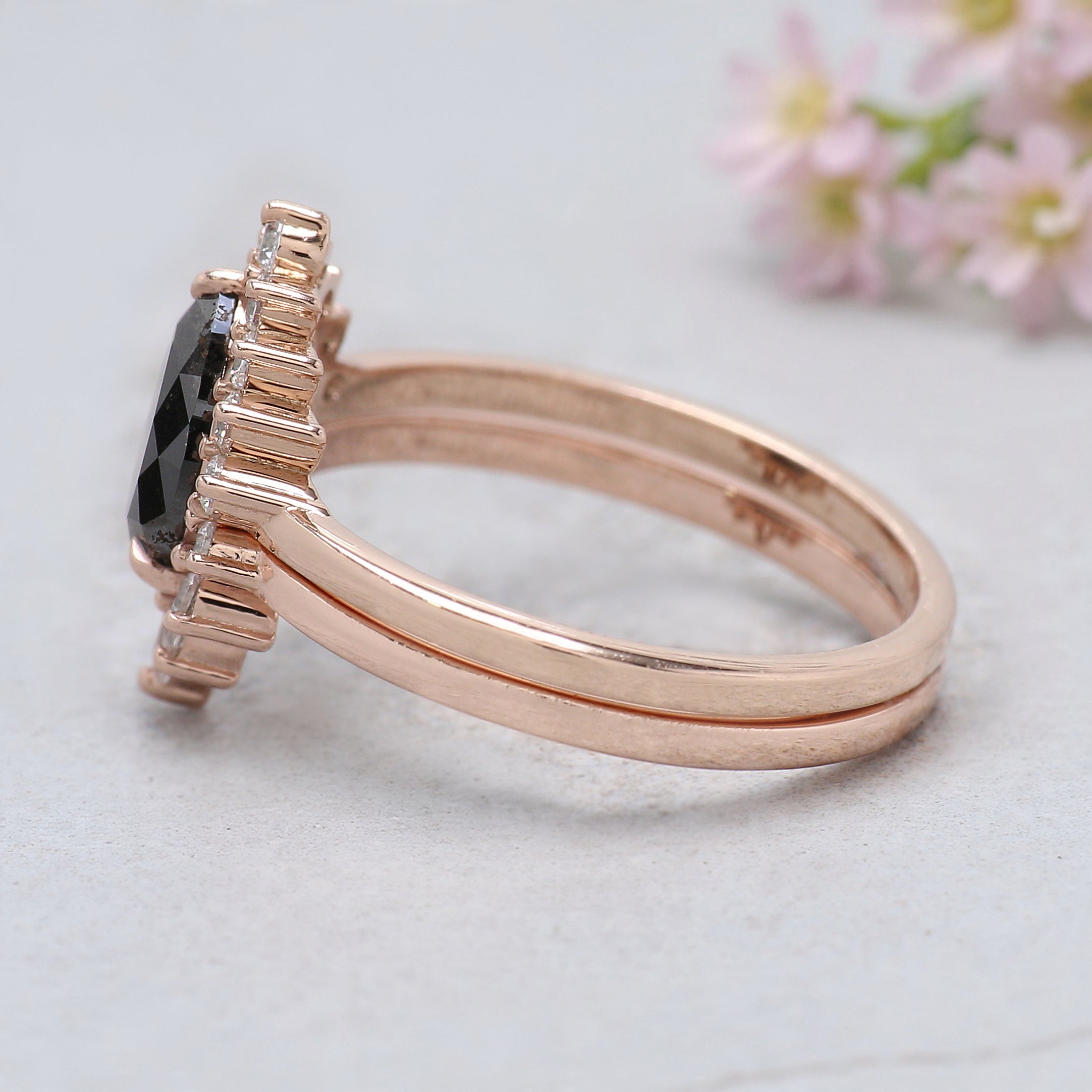 Pear Cut Salt And Pepper Diamond Ring 1.02 Ct 7.95 MM Pear Diamond Ring 14K Rose Gold Silver Pear Engagement Ring Set Gift For Her KDL3002