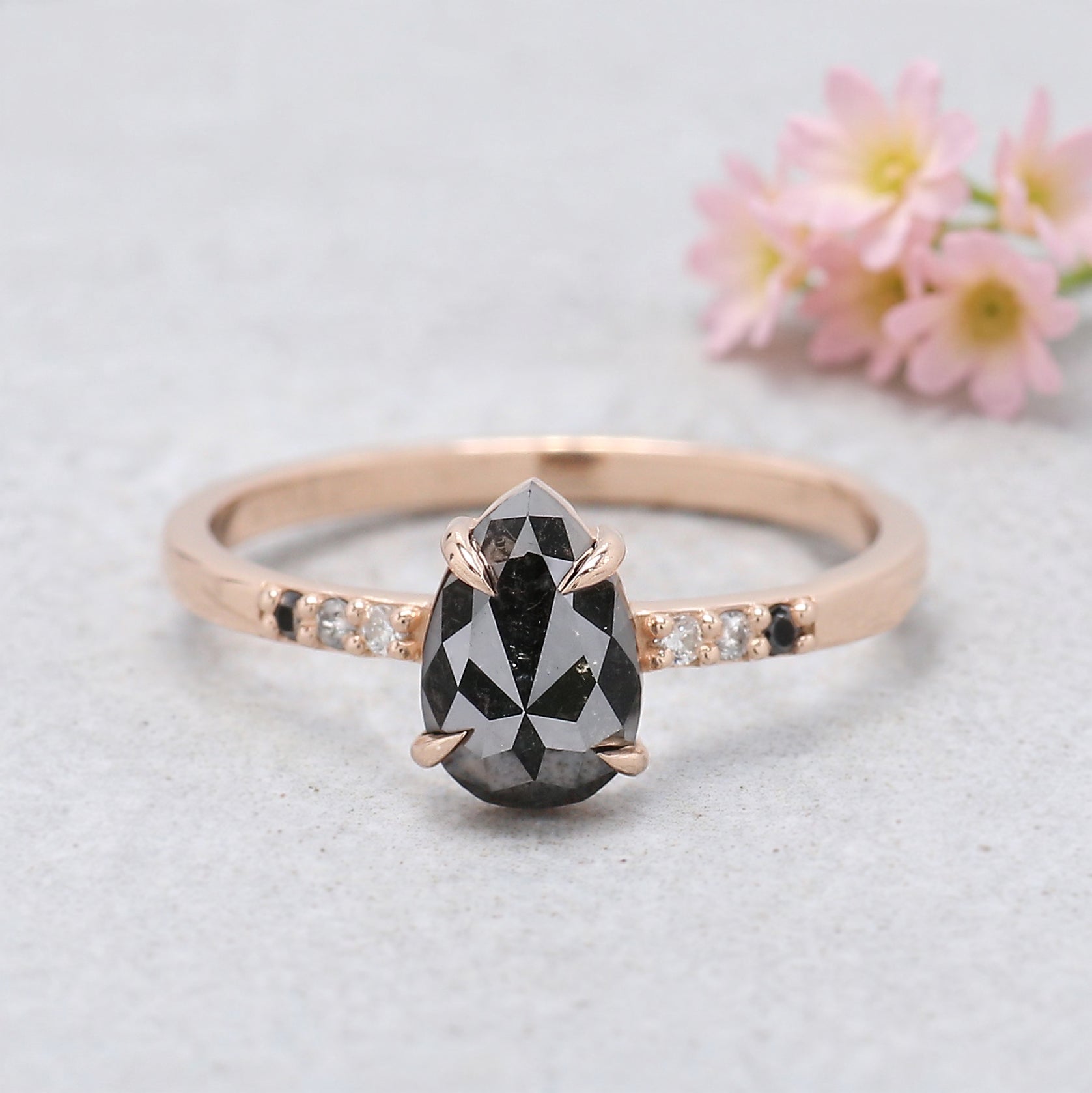 0.89 Ct Pear Shape Black Color Diamond Ring 7.65 MM Pear Cut Diamond Ring 14K Solid Rose Gold Silver Engagement Ring Gift For Her KDN1754