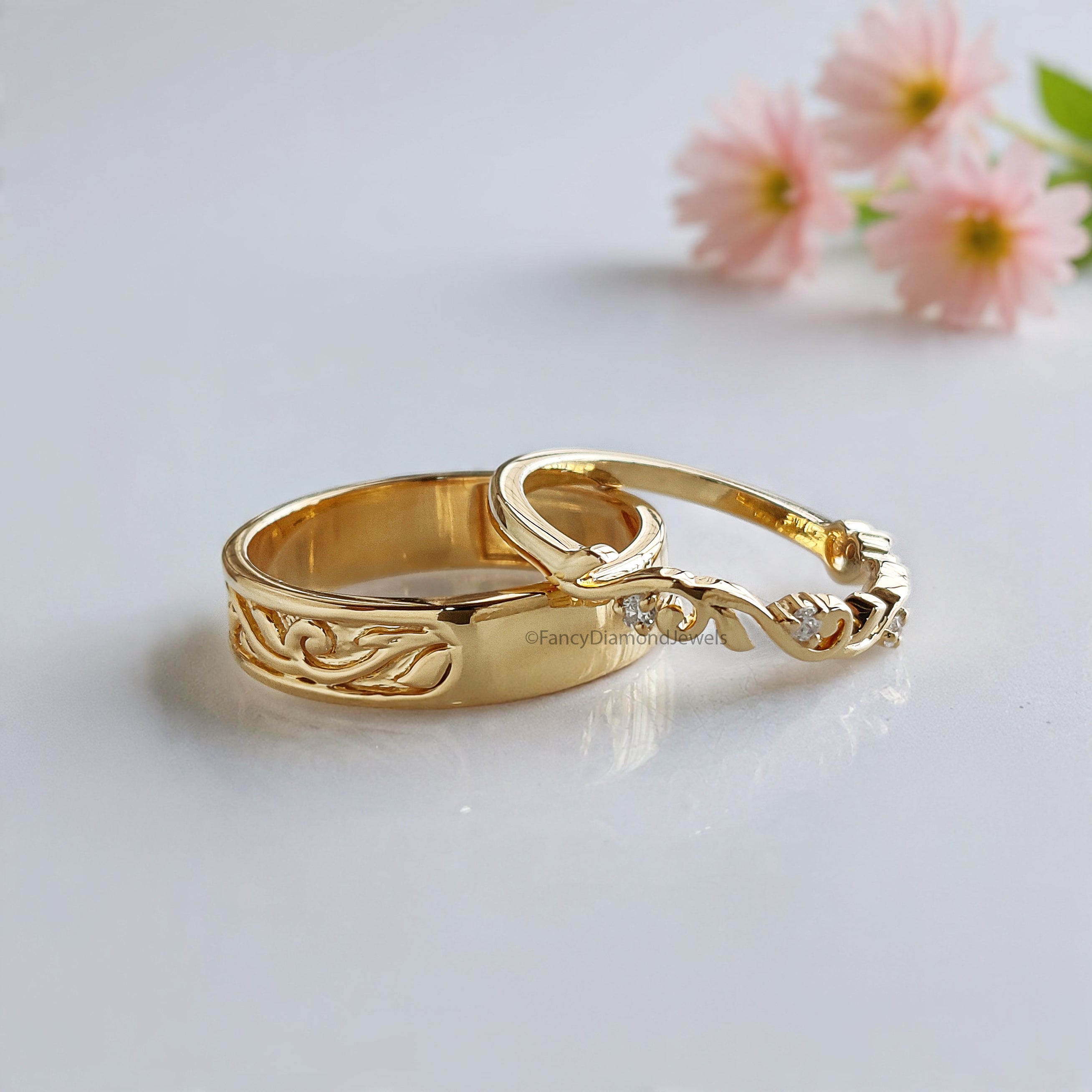 Elegant Silver Wedding Ring Set with Sparkling Diamonds for Couples Wedding Band Set Natural Style Flower & Leaf Wedding Ring Set FD524