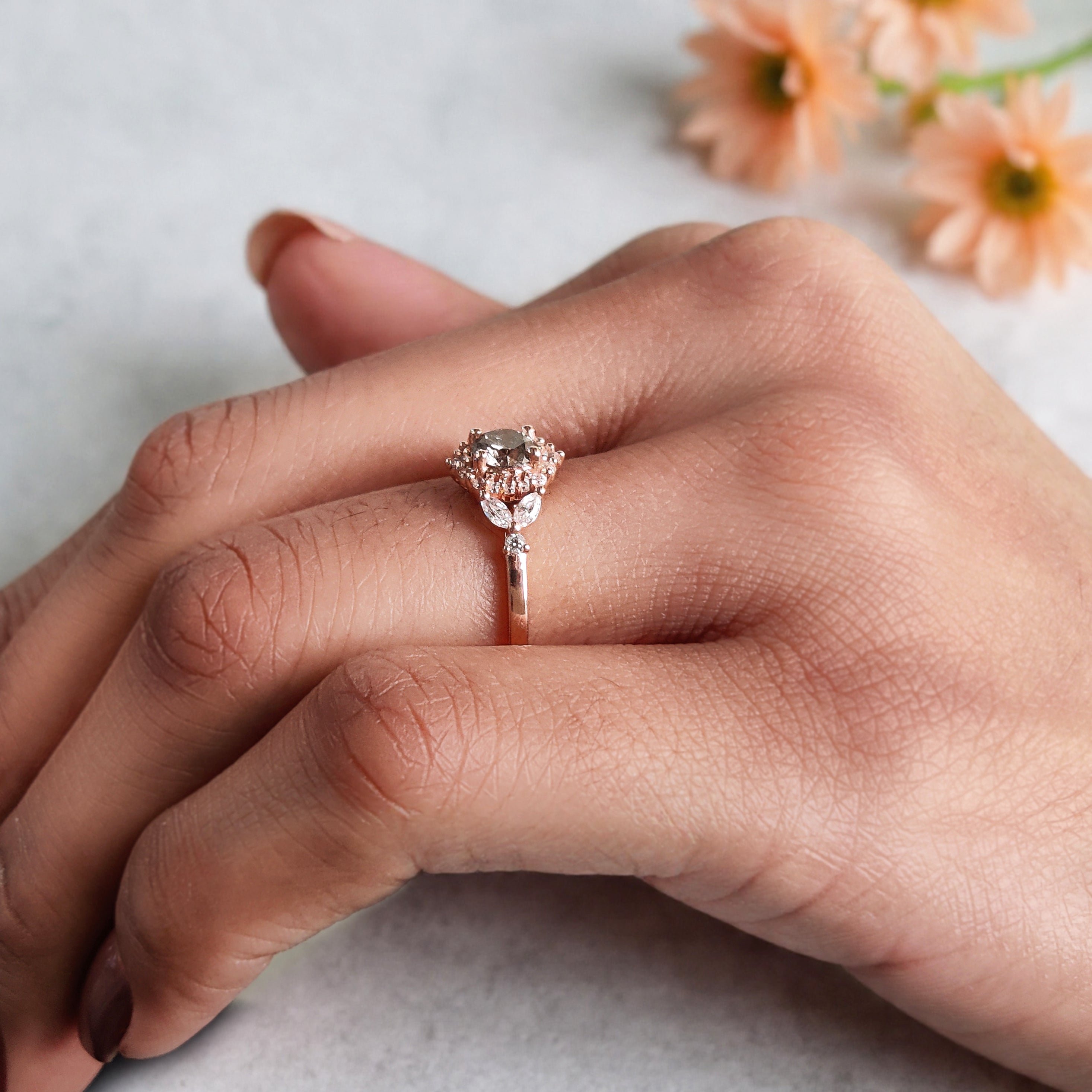0.45 Ct Natural Round Shape Salt And Pepper Diamond Ring 4.80 MM Round Cut Diamond Ring 14K Solid Rose Gold Silver Engagement Ring KDN810