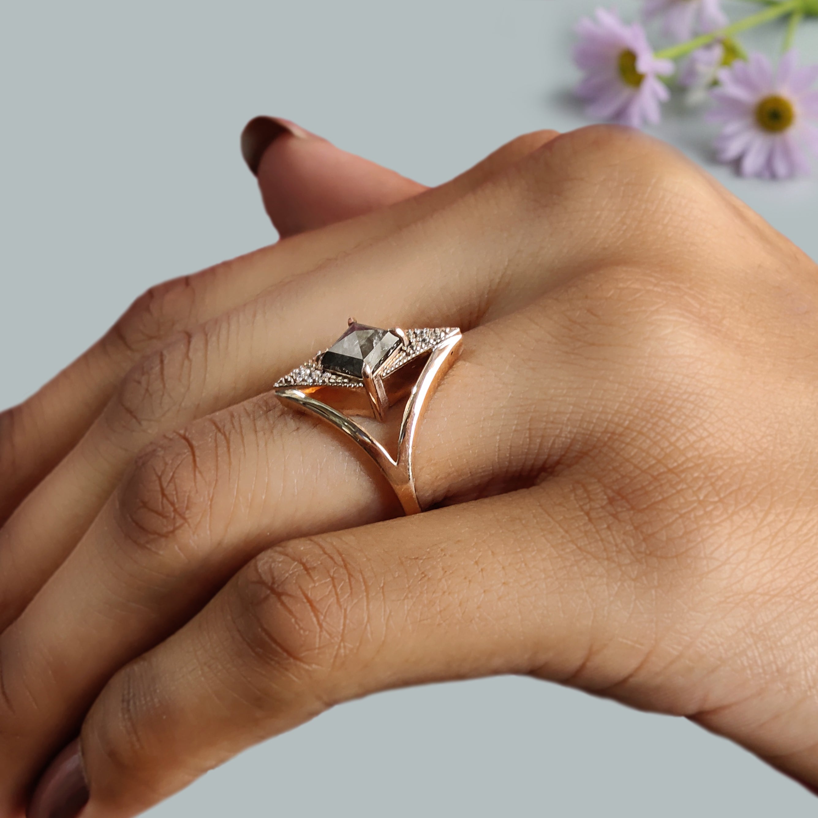 Kite Cut Salt And Pepper Diamond Ring 0.97 Ct 8.09 MM Kite Diamond Ring 14K Solid Rose Gold Silver Kite Engagement Ring Gift For Her QL2199