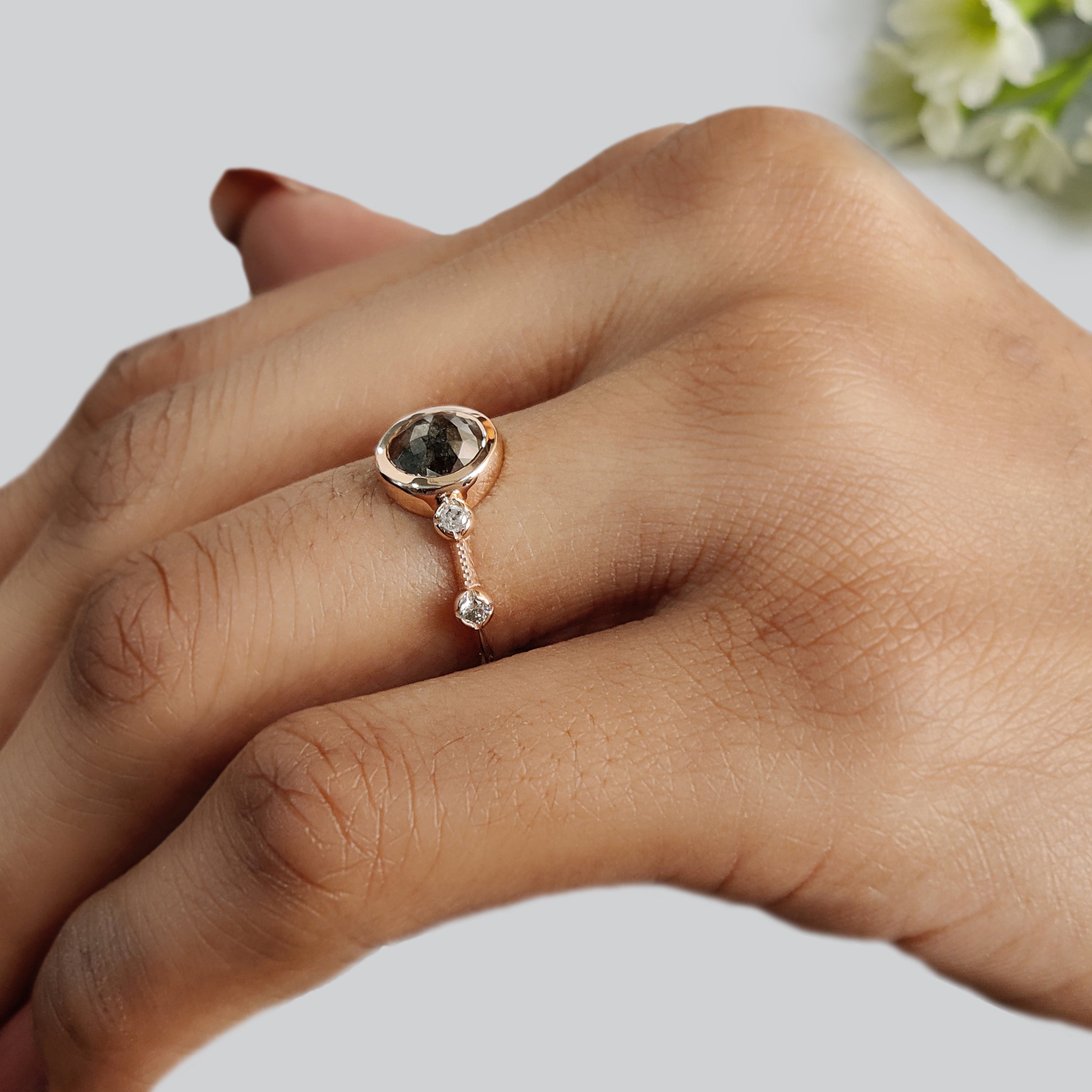 Round Rose Cut Salt And Pepper Diamond Ring 1.23 Ct 6.80 MM Round Cut Diamond Ring 14K Rose Gold Silver Engagement Ring Gift For Her KDL1167