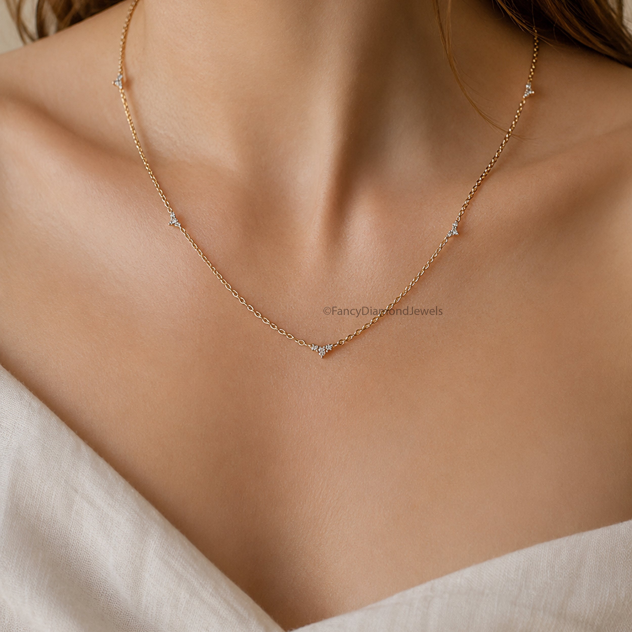 18K Solid Gold Diamond Triangle Cluster Necklace, Adjustable Station Chain Lab Grown Diamond, Gold Attached Diamond Solitaire Necklace FD566
