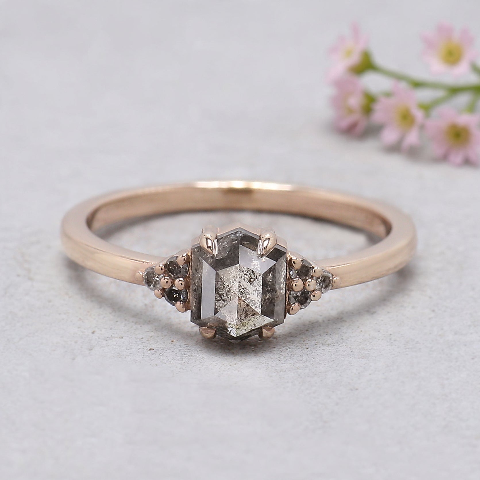 Hexagon Salt and Pepper Diamond Ring, Unique Diamond Engagement Ring, 14K Rose Gold Minimalist Ring, Rustic Bridal Ring, Gift for Her KDL276
