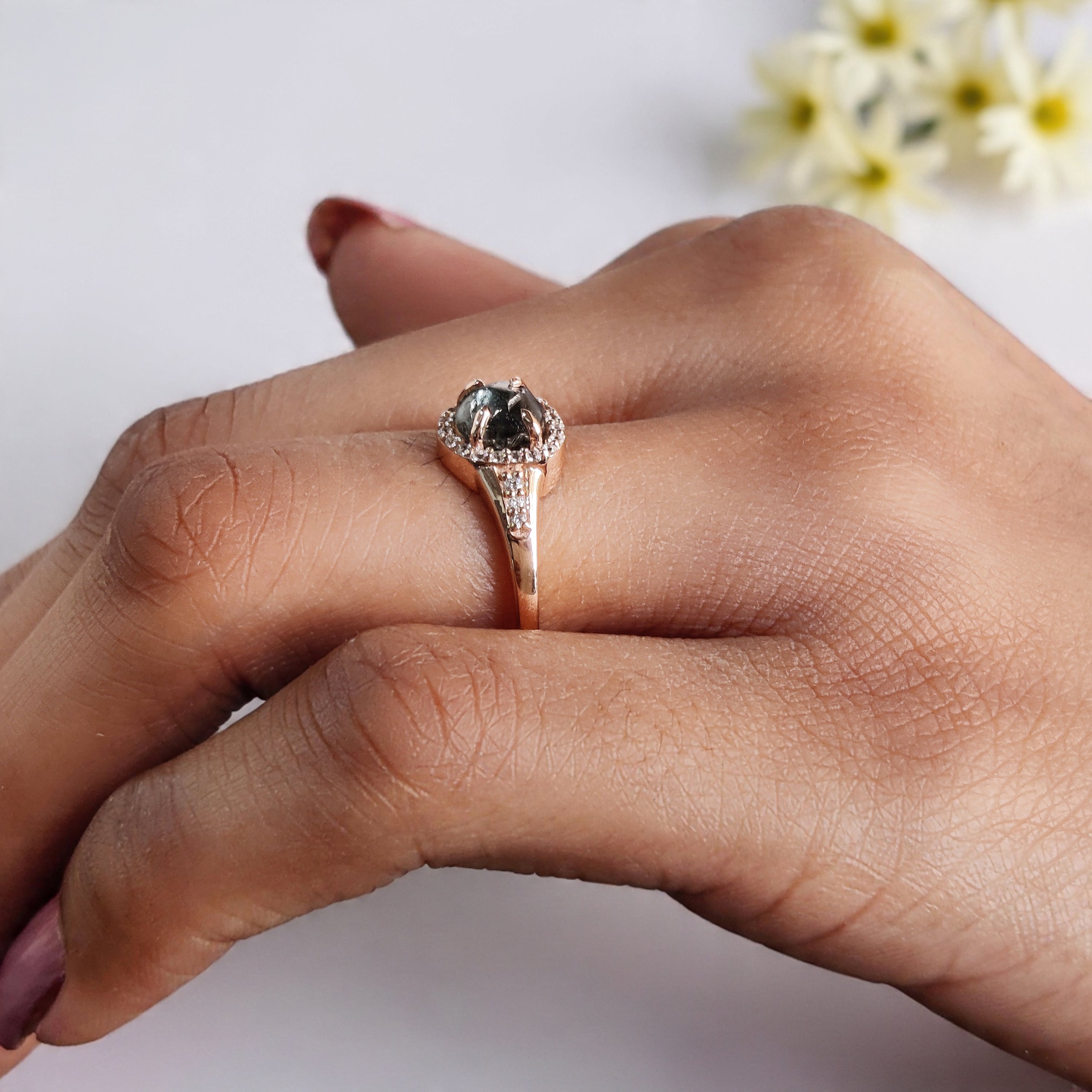 Rough Blue Color Diamond Ring 1.12 Ct 6.12 MM Crystal Rough Diamond Ring 14K Solid Rose Gold Silver Engagement Ring Gift For Her QL2319