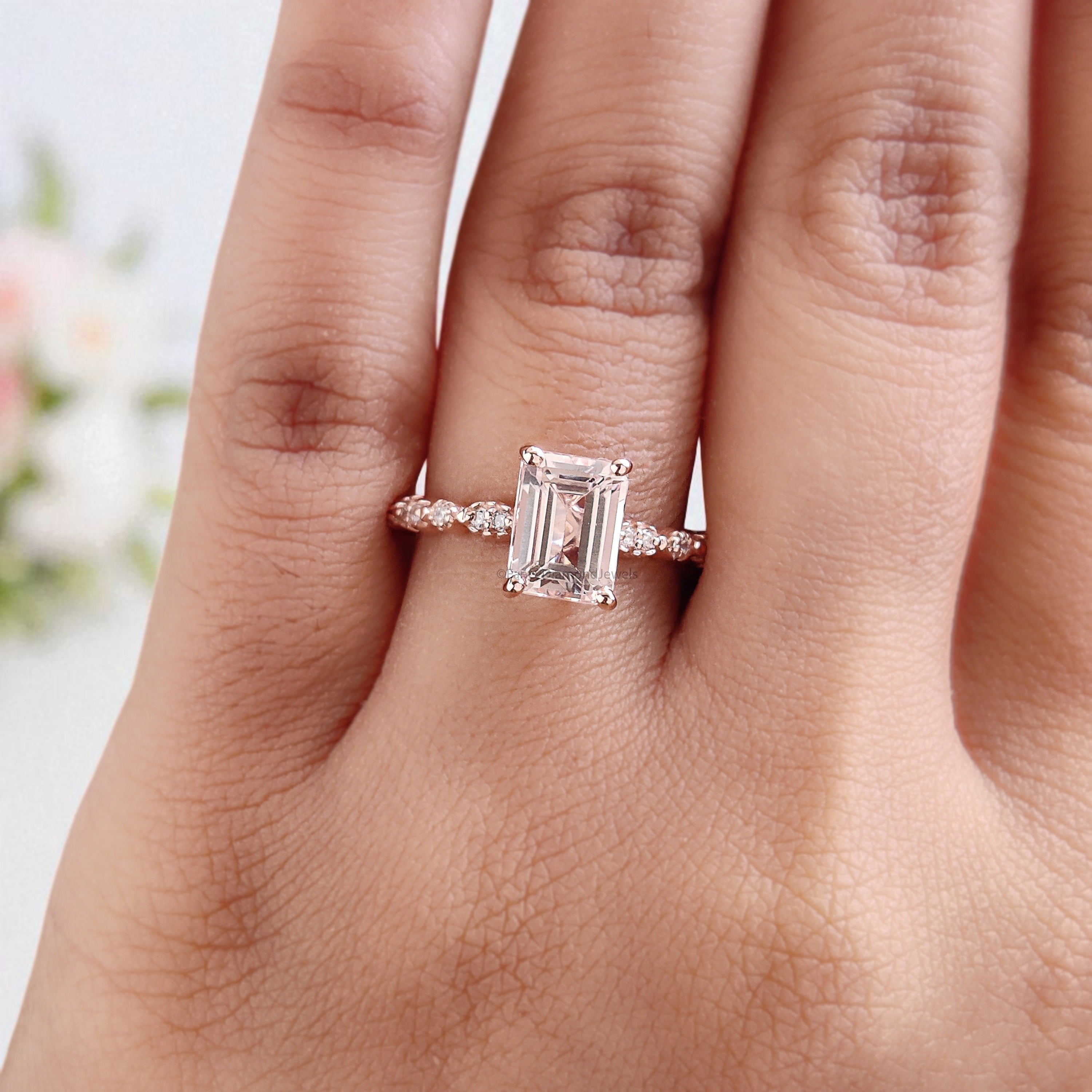 1.58 CT Emerald Cut Natural Morganite Engagement Ring Rose Gold Ring Emerald Diamond Wedding Ring Unique Vintage Ring Gift For Her FD428