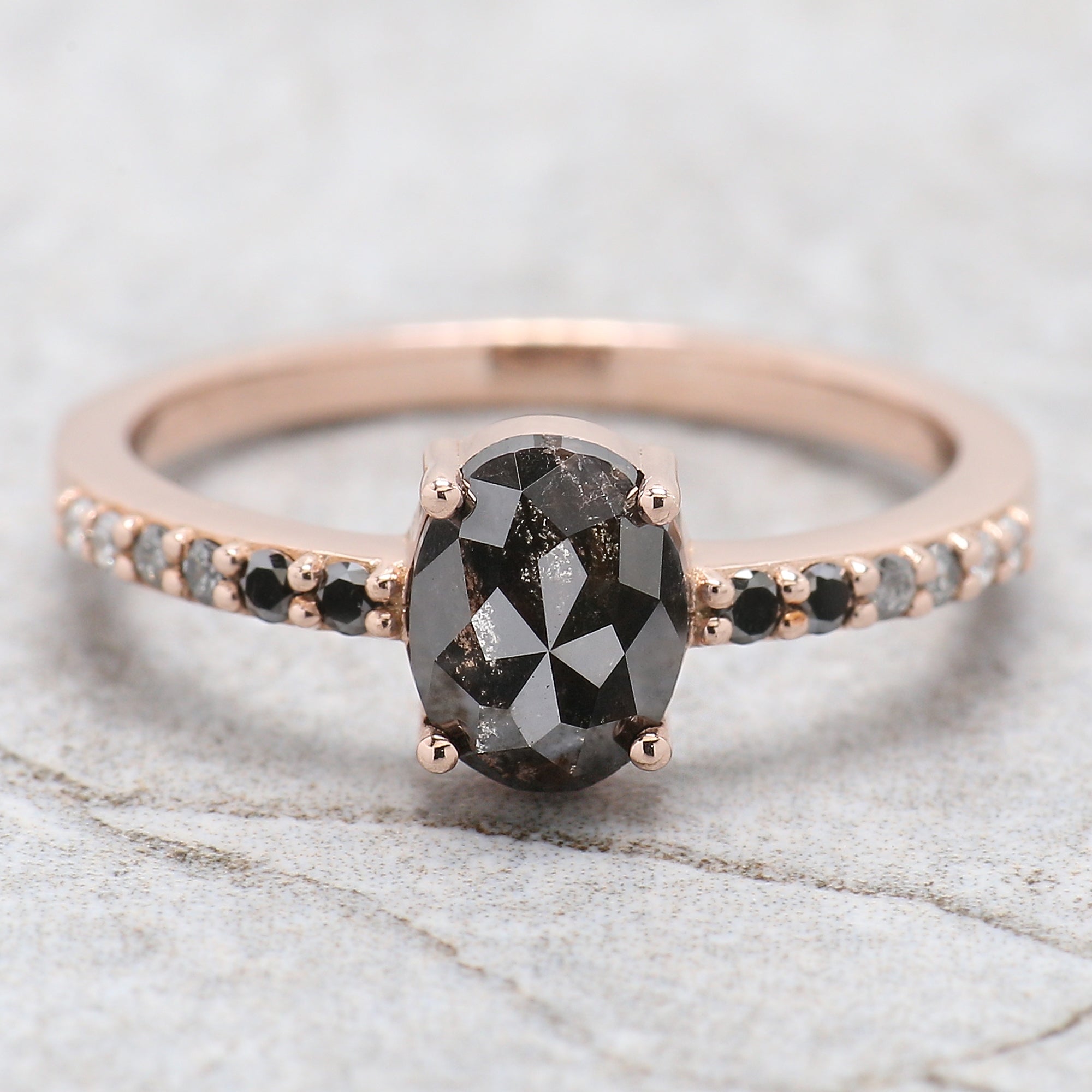 1.07 Ct Natural Oval Shape Salt And Pepper Diamond Ring 7.15 MM Oval Cut Diamond Ring 14K Solid Rose Gold Silver Engagement Ring QN404