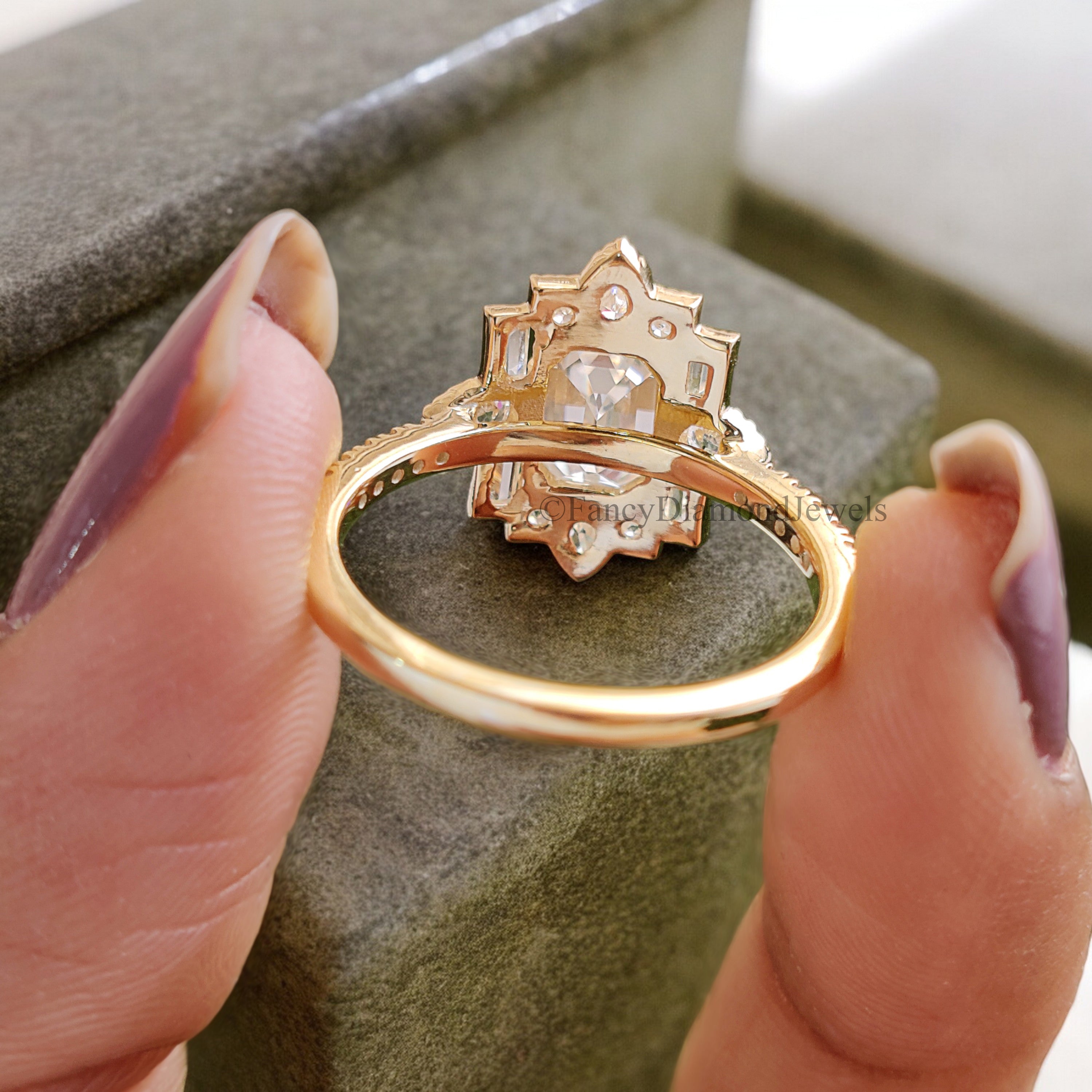 1.00 CT Emerald Cut Vintage Bridal Engagement Ring Baguette wedding ring Unique art deco ring Pear halo ring Starburst ring For Her FD188