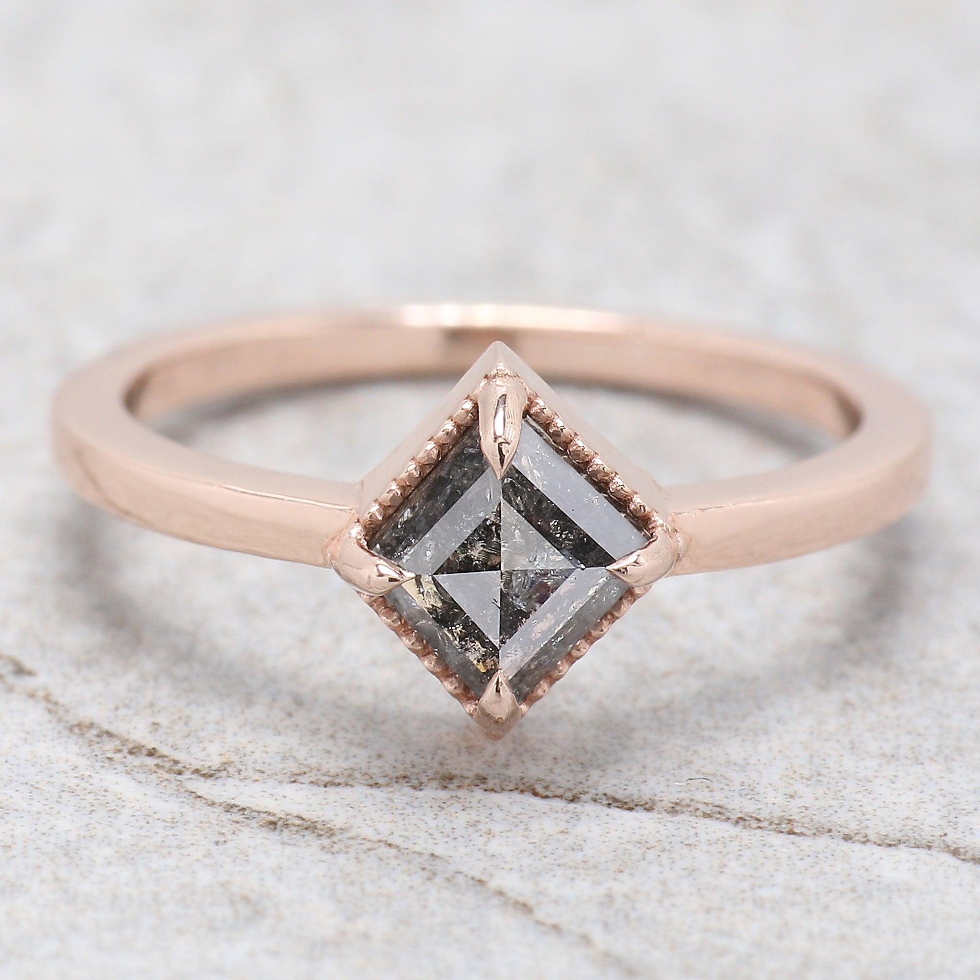 Kite Cut Salt And Pepper Diamond Ring 0.88 Ct 7.18 MM Kite Diamond Ring 14K Solid Rose Gold Silver Kite Engagement Ring Gift For Her QL2026