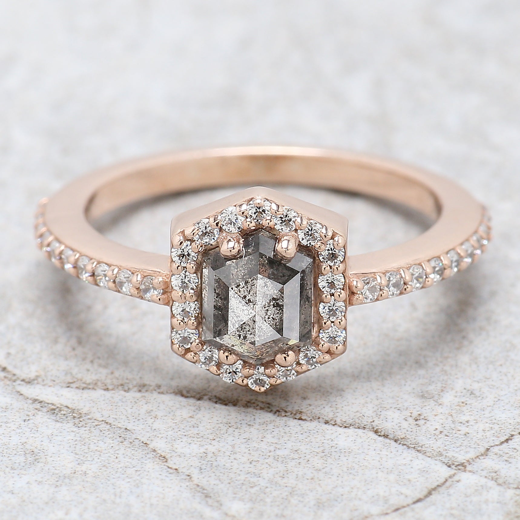 Hexagon Salt And Pepper Diamond Ring 1.00 Ct 6.35 MM Hexagon Cut Diamond Ring 14K Solid Rose Gold Silver Engagement Ring Gift For Her QL276