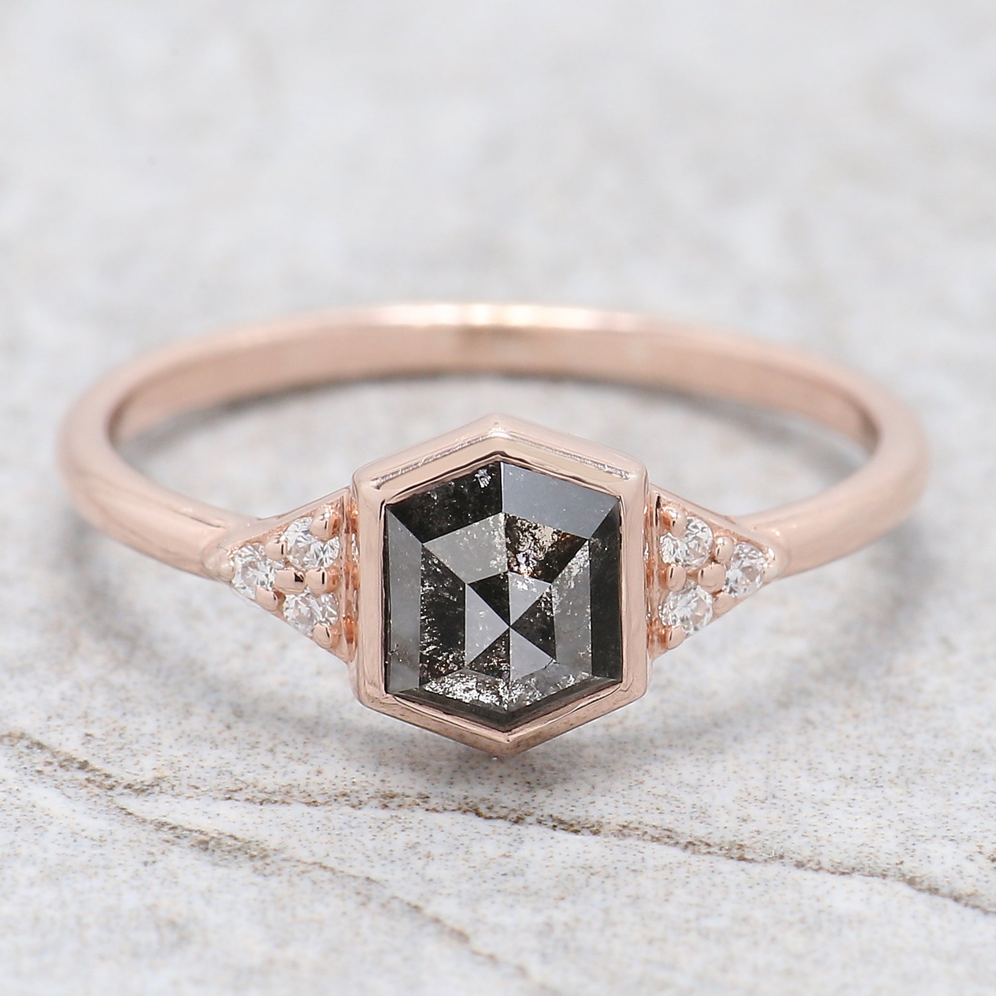 Hexagon Salt And Pepper Diamond Ring 0.89 Ct 6.37 MM Hexagon Cut Diamond Ring 14K Solid Rose Gold Silver Engagement Ring Gift For Her QL2163
