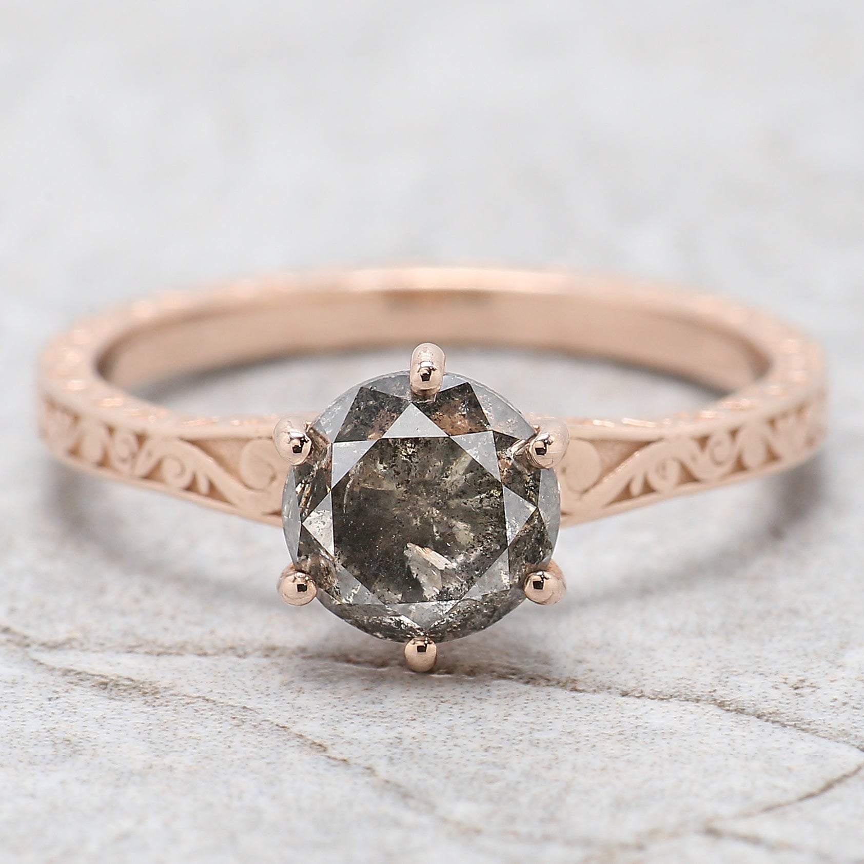 Round Salt And Pepper Diamond Ring 1.51 Ct 6.60 MM Round Cut Diamond Ring 14K Solid Rose Gold Silver Engagement Ring Gift For Her QL8399