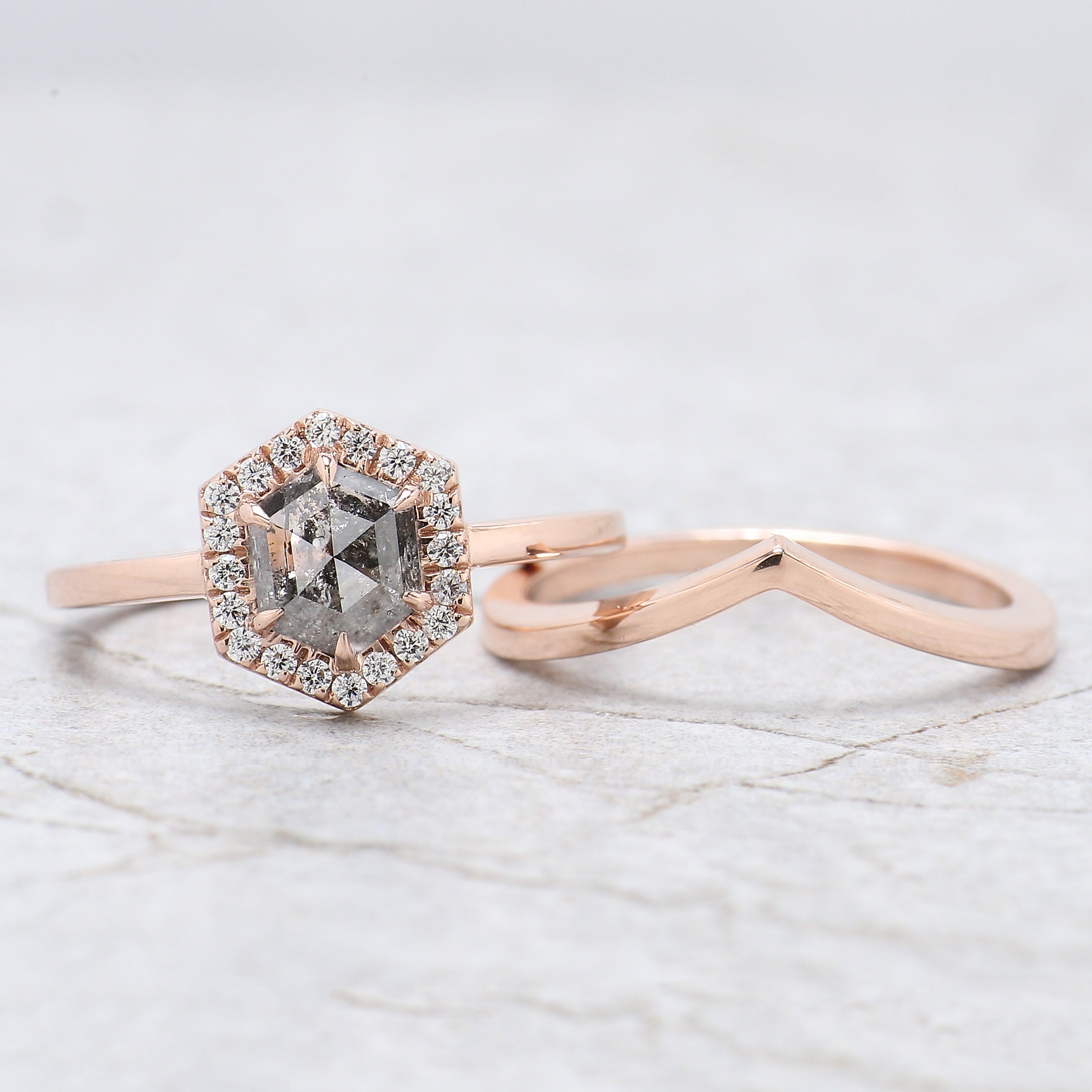 Hexagon Cut Salt And Pepper Diamond Ring 0.88 Ct 6.80 MM Hexagon Cut Diamond Ring 14K Rose Gold Silver Engagement Ring Gift For Her QL9968