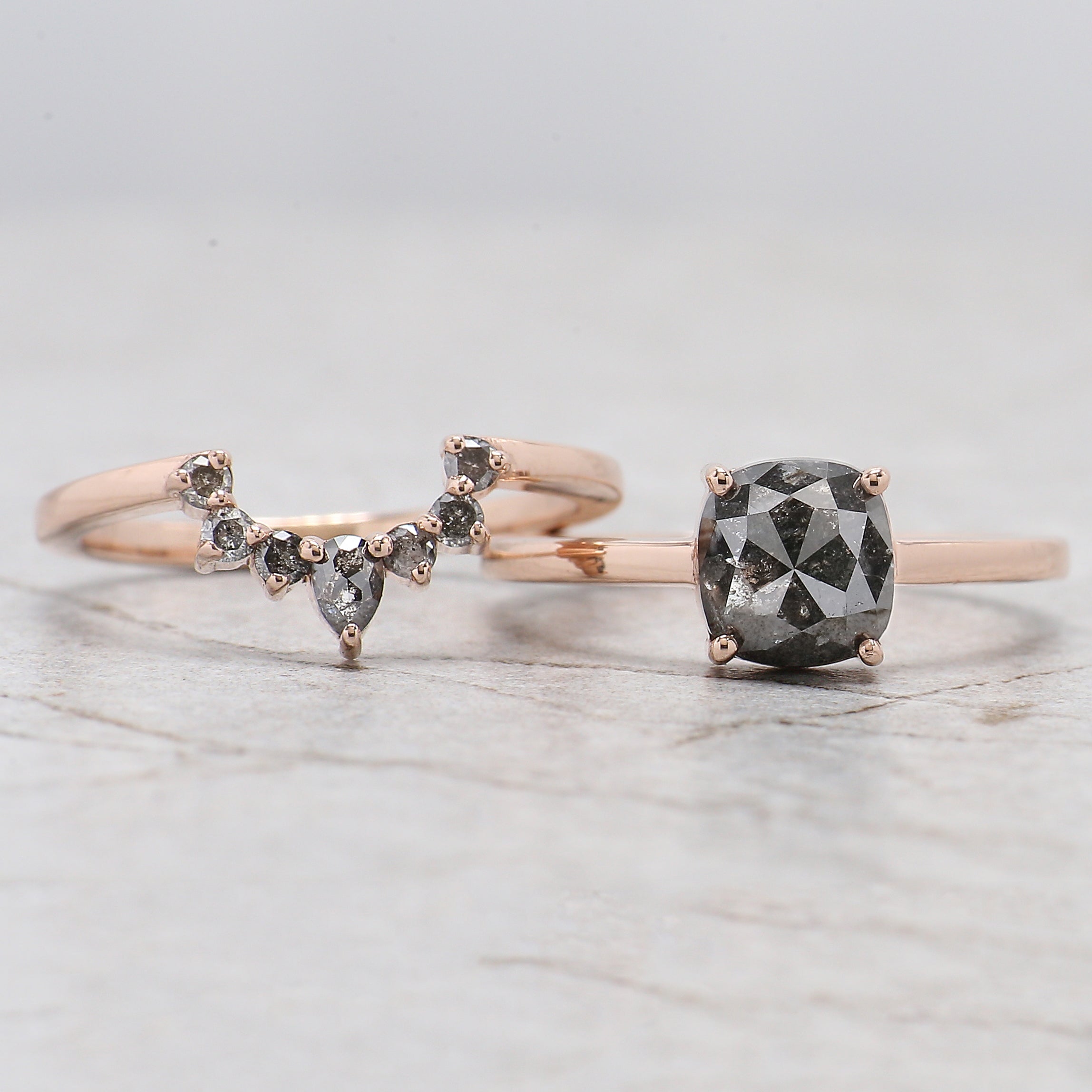 Cushion Cut Salt And Pepper Diamond Ring 1.74 Ct 6.95 MM Cushion Diamond Ring 14K Solid Rose Gold Silver Engagement Ring Gift For Her QL461