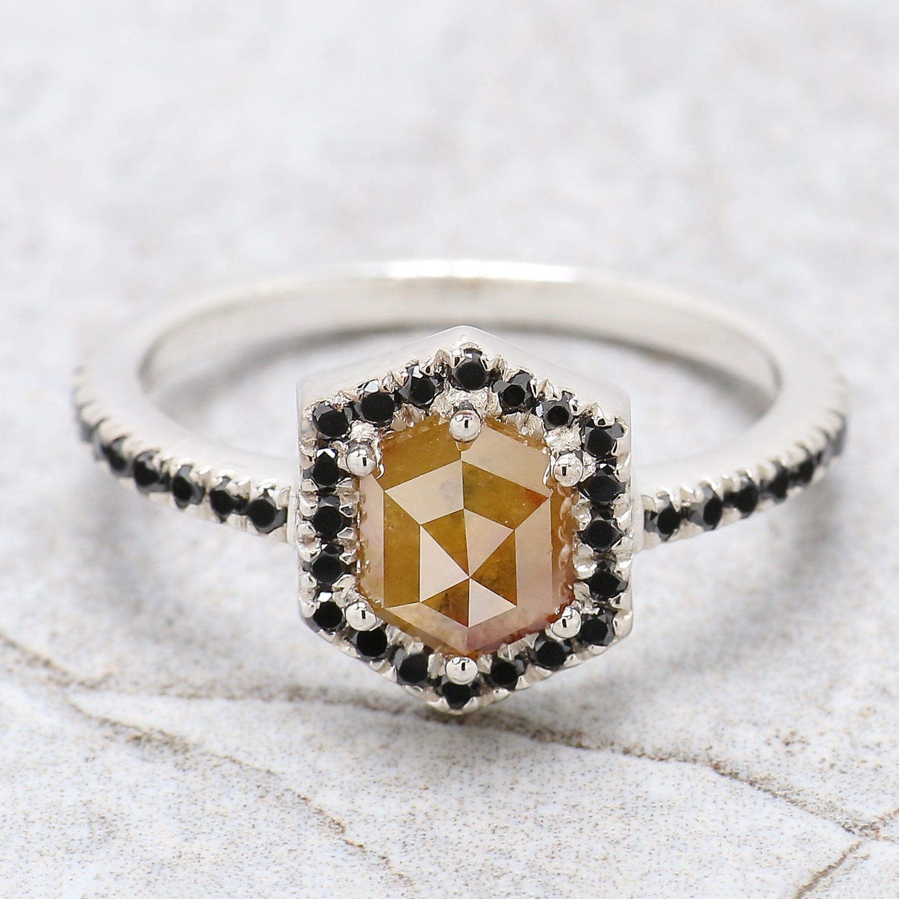 Hexagon Cut Yellow Color Diamond Ring 1.17 Ct 6.84 MM Hexagon Cut Diamond Ring 14K White Gold Silver Engagement Ring Gift For Her QL2220