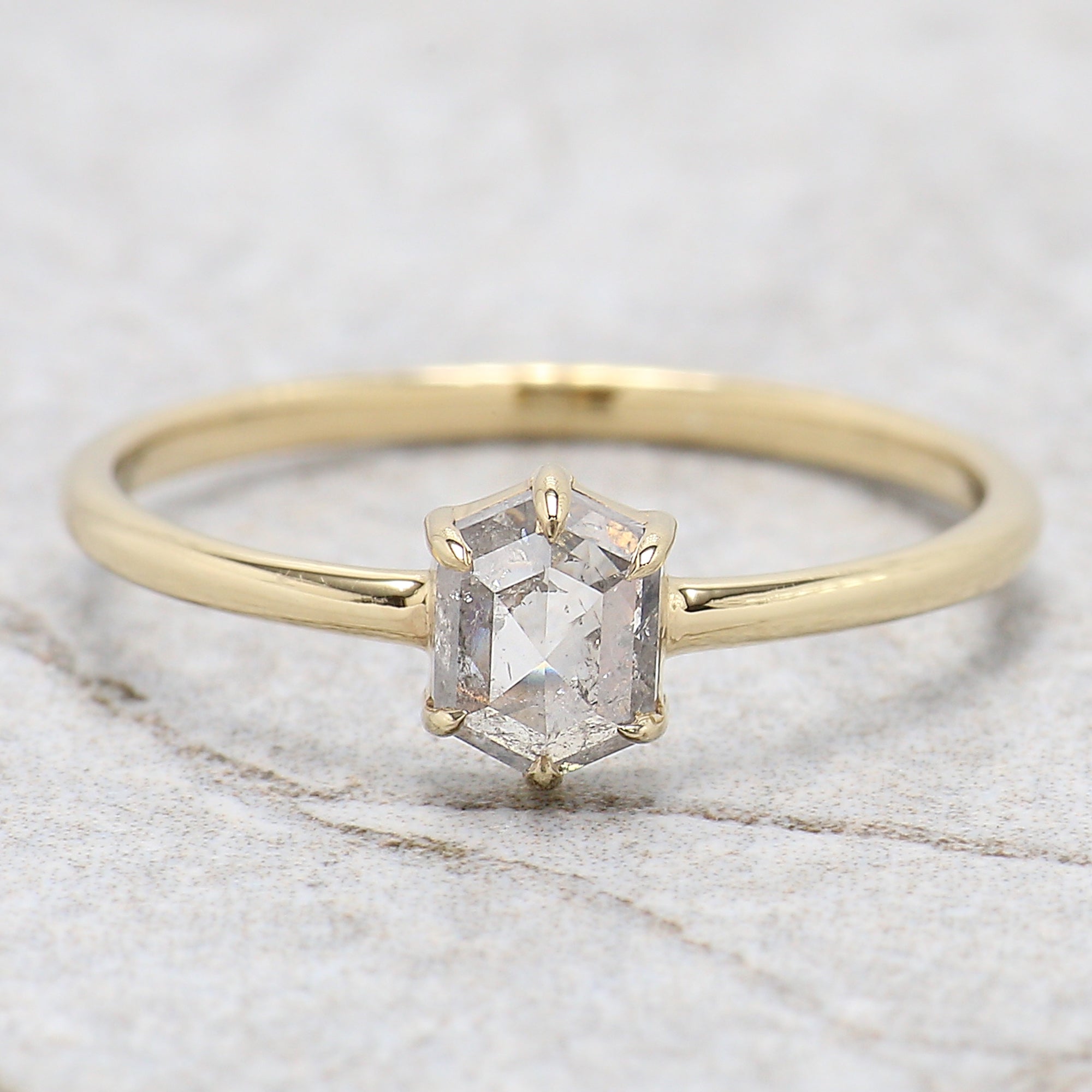 Hexagon Salt And Pepper Diamond Ring 0.62 Ct 5.70 MM Hexagon Diamond Ring 14K Solid Yellow Gold Silver Engagement Ring Gift For Her QN1435