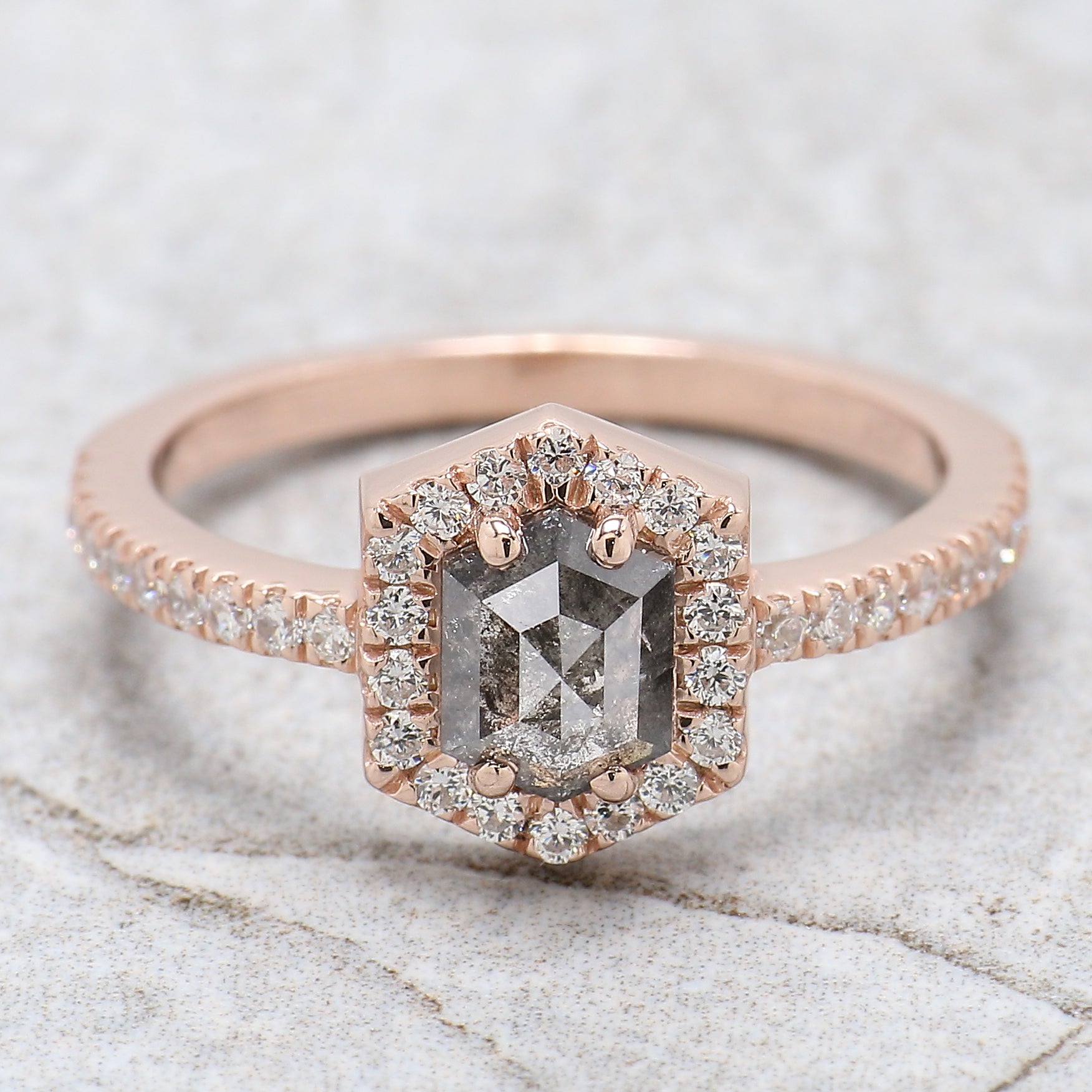 Hexagon Salt And Pepper Diamond Ring 0.80 Ct 6.30 MM Hexagon Cut Diamond Ring 14K Solid Rose Gold Silver Engagement Ring Gift For Her QN1135